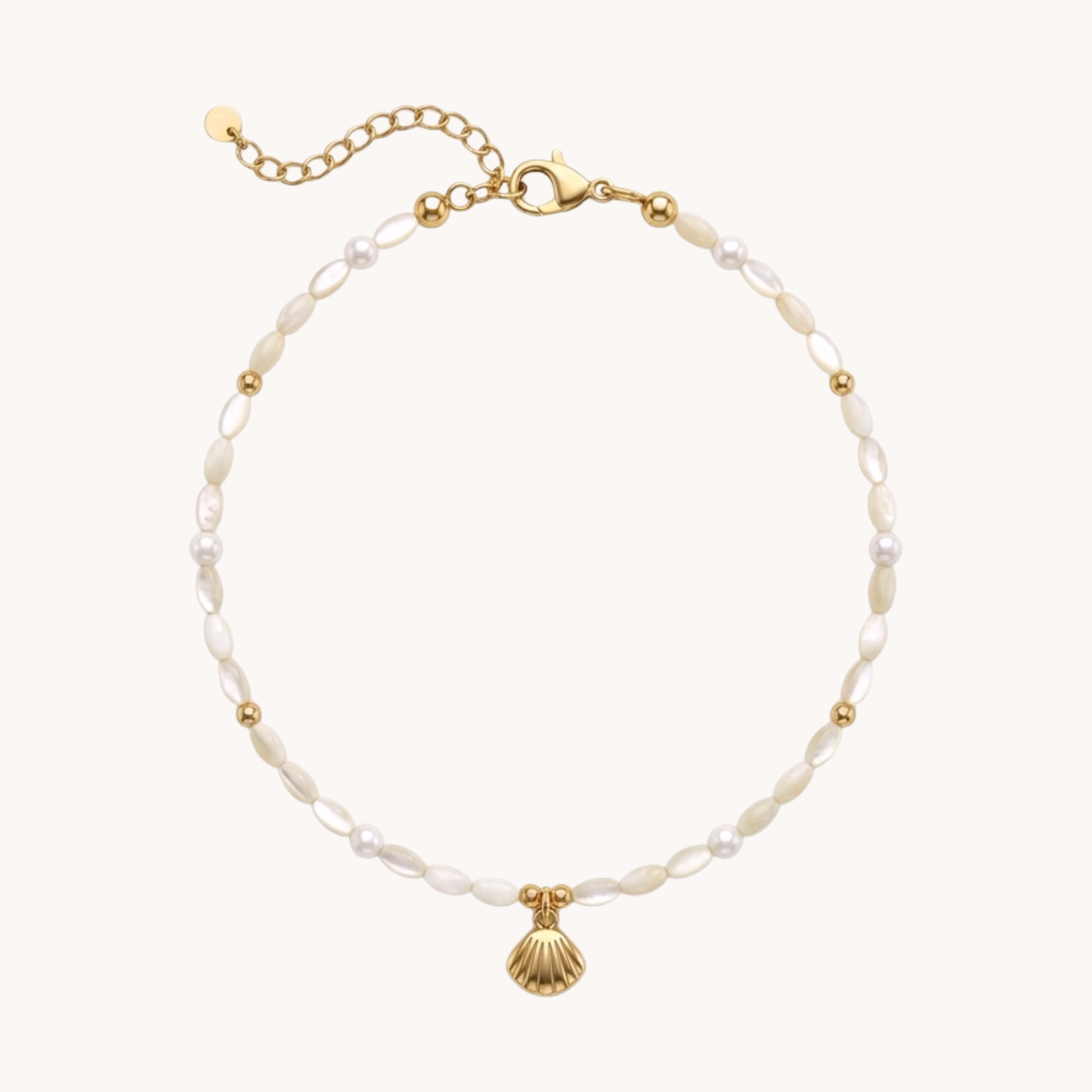 CAVIGLIERA SHELL PEARL - perle bianche naturali e ciondolo conchiglia in acciaio