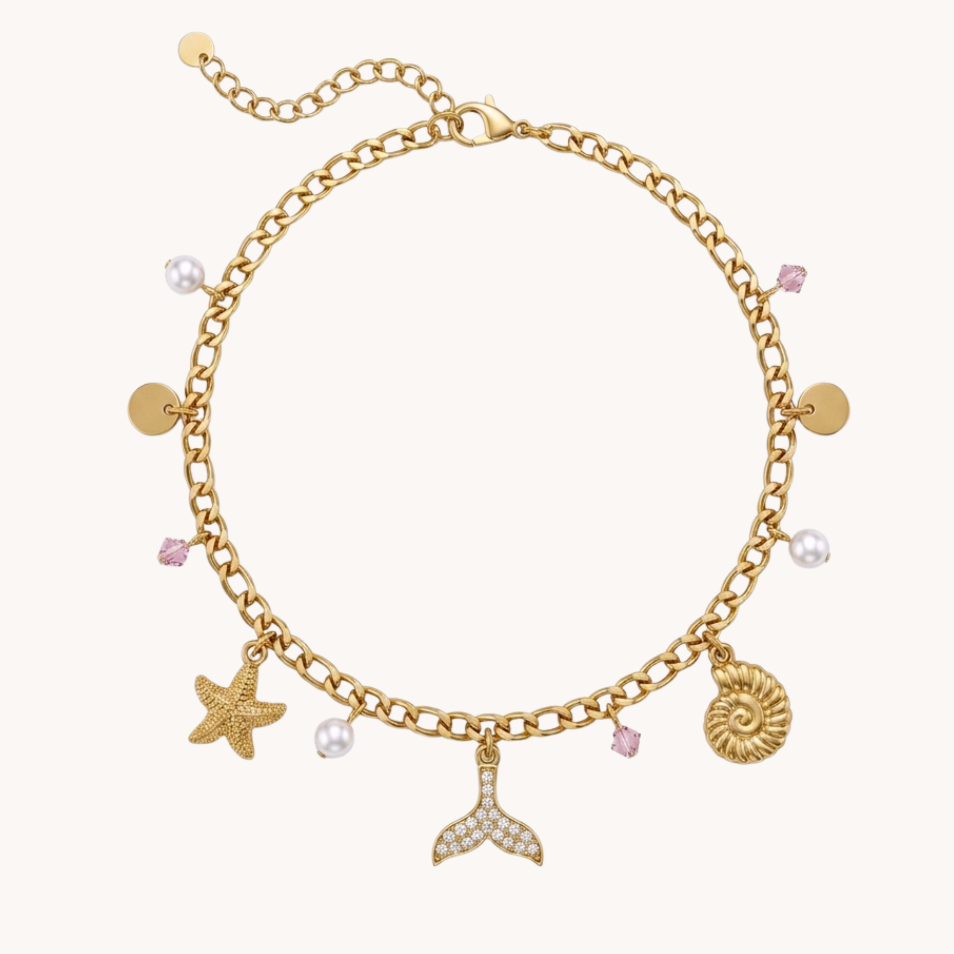 CAVIGLIERA SPARKLING WHALE - cristalli rosa, perle e coda di balena con zirconi in acciaio