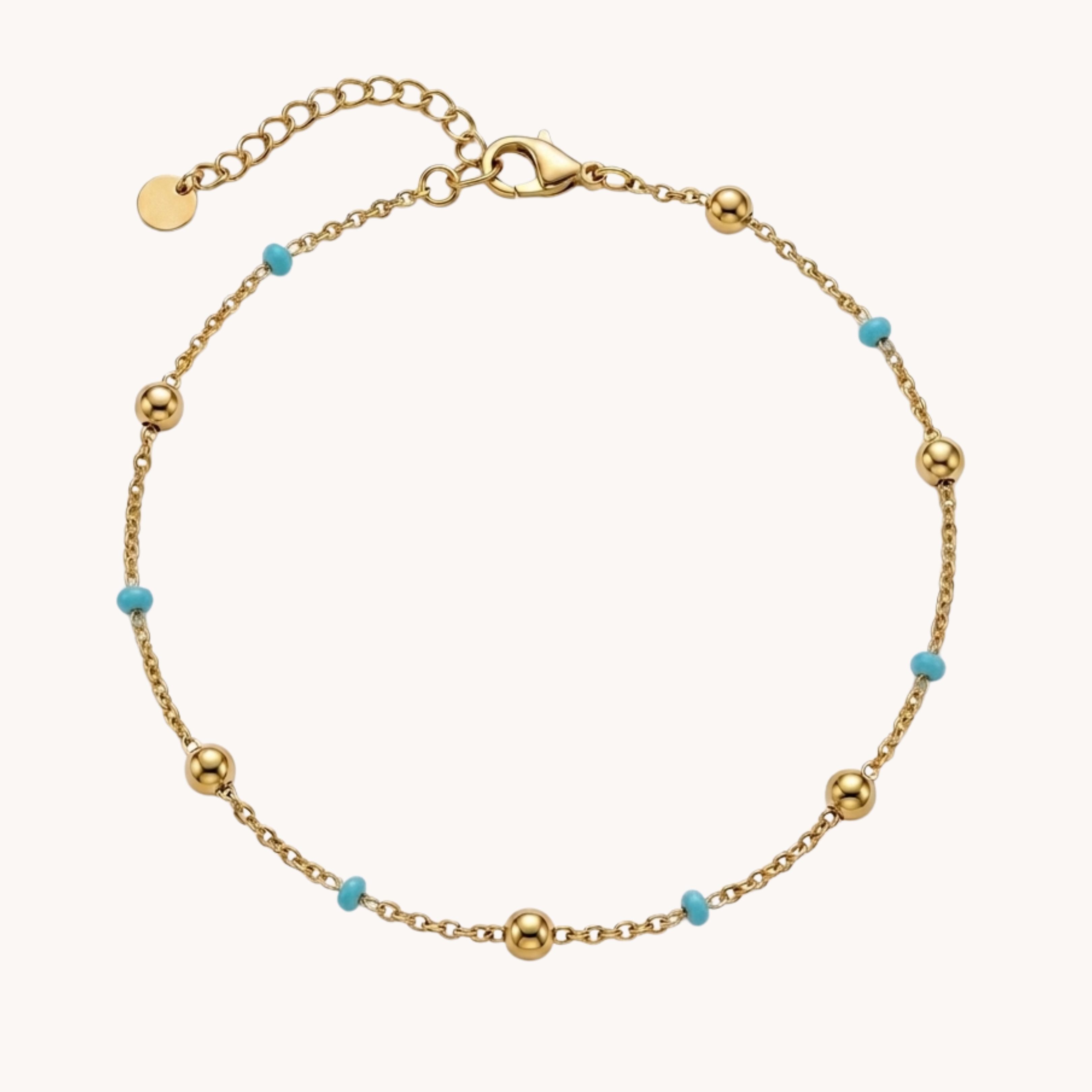 CAVIGLIERA ECLIPSE ESSENTIAL TURQUOISE - cavigliera a catenina sottile con sfere oro e micro perline turchesi in acciaio