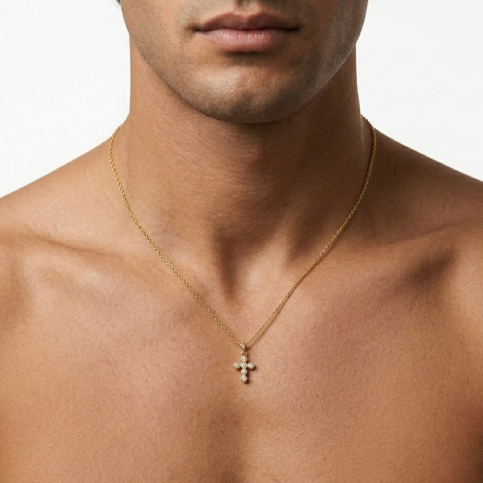 COLLANA CROCE SHINE - collana da uomo con ciondolo croce a castoni tondi e zirconi bianchi completa di catenina in acciaio oro o argento