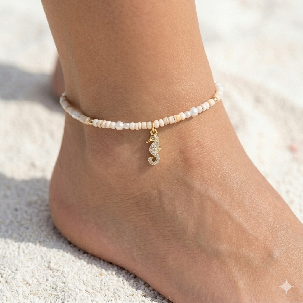 CAVIGLIERA SEAHORSE SHINE - perline sabbia, perle bianche e charm ippocampo con zirconi in acciaio