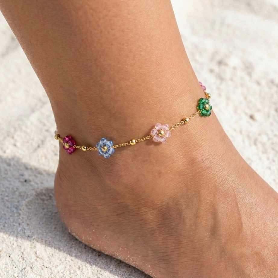 CAVIGLIERA BLOOM RAINBOW - cavigliera a catenina sottile con fiori di cristalli colorati in acciaio oro