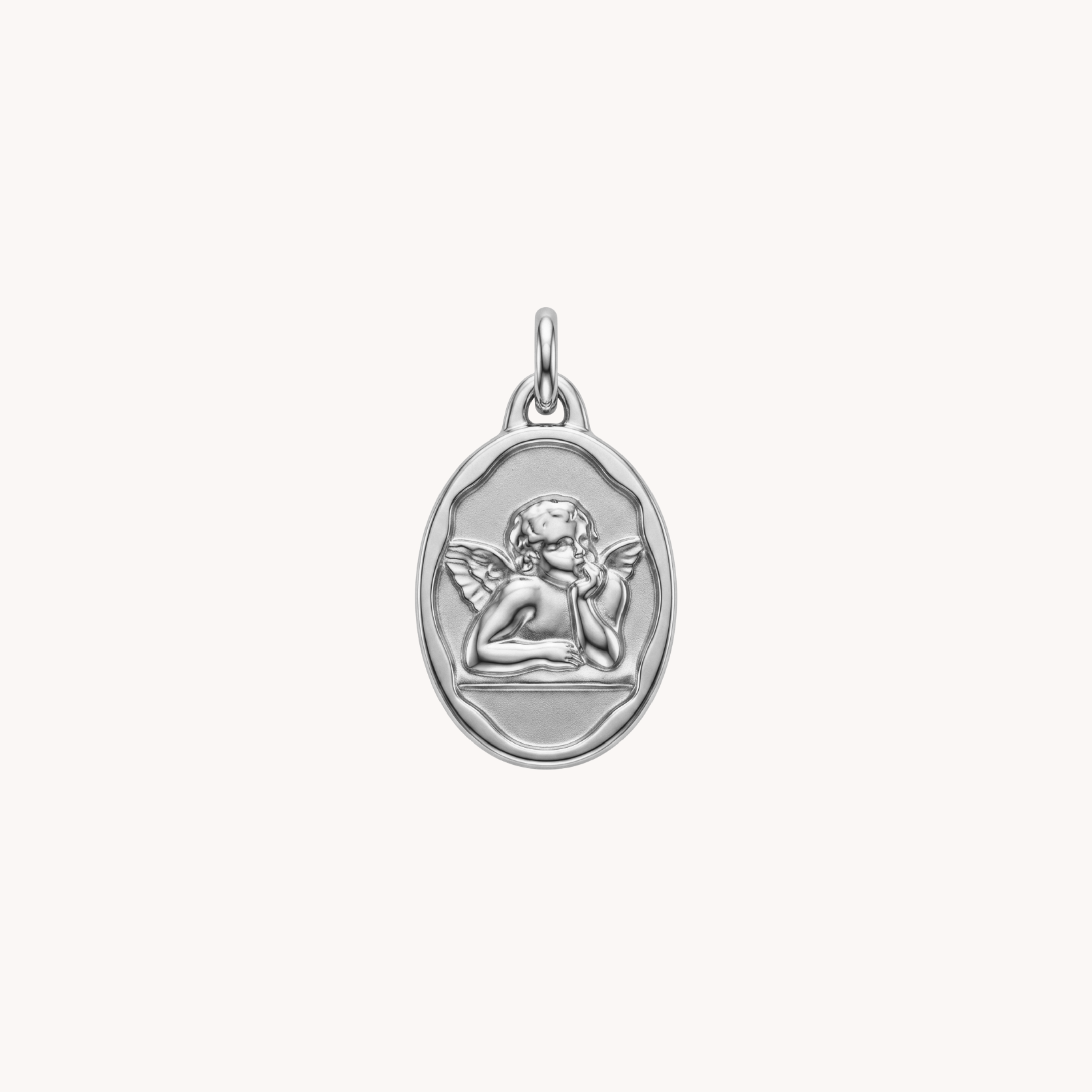 CIONDOLO ANGEL AMULET - medaglia ovale con angelo cherubino a rilievo in acciaio oro o argento
