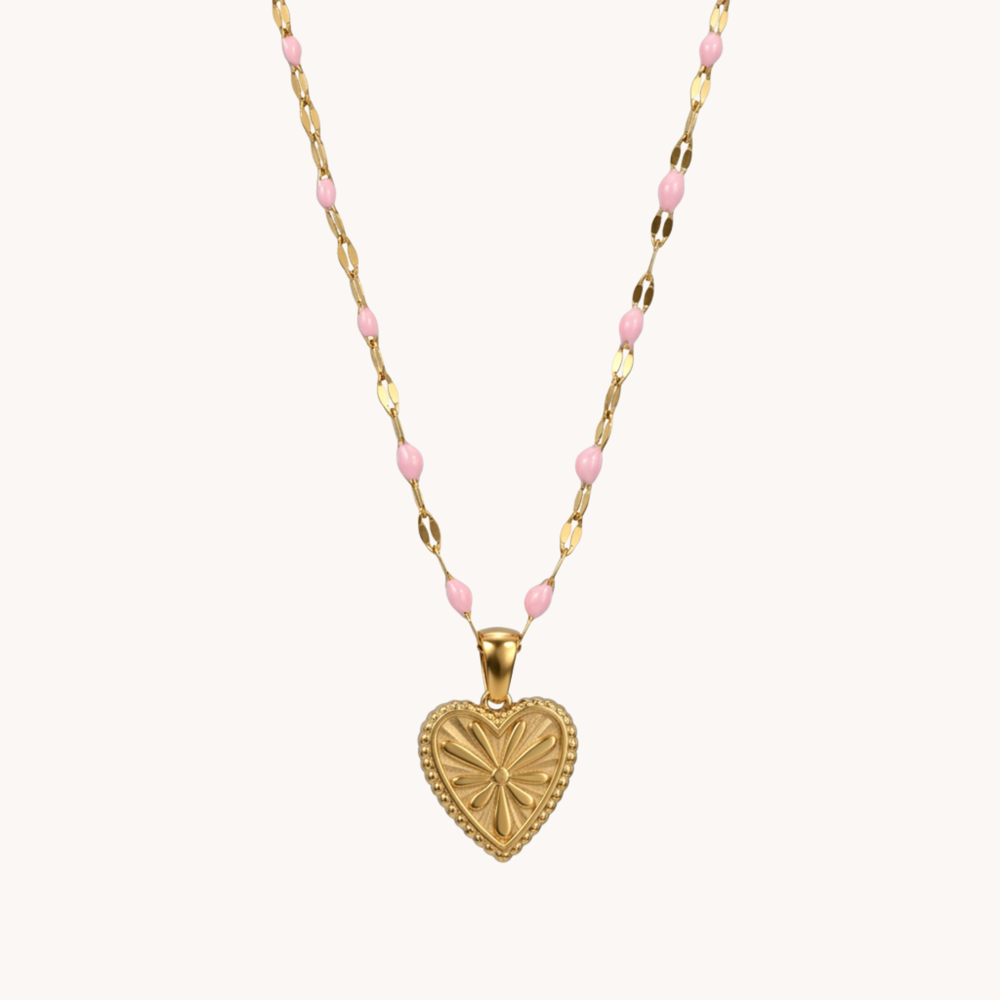 COLLANA SWEETHEART - collana con catena a rosario rosa e ciondolo maxi cuore in acciaio oro