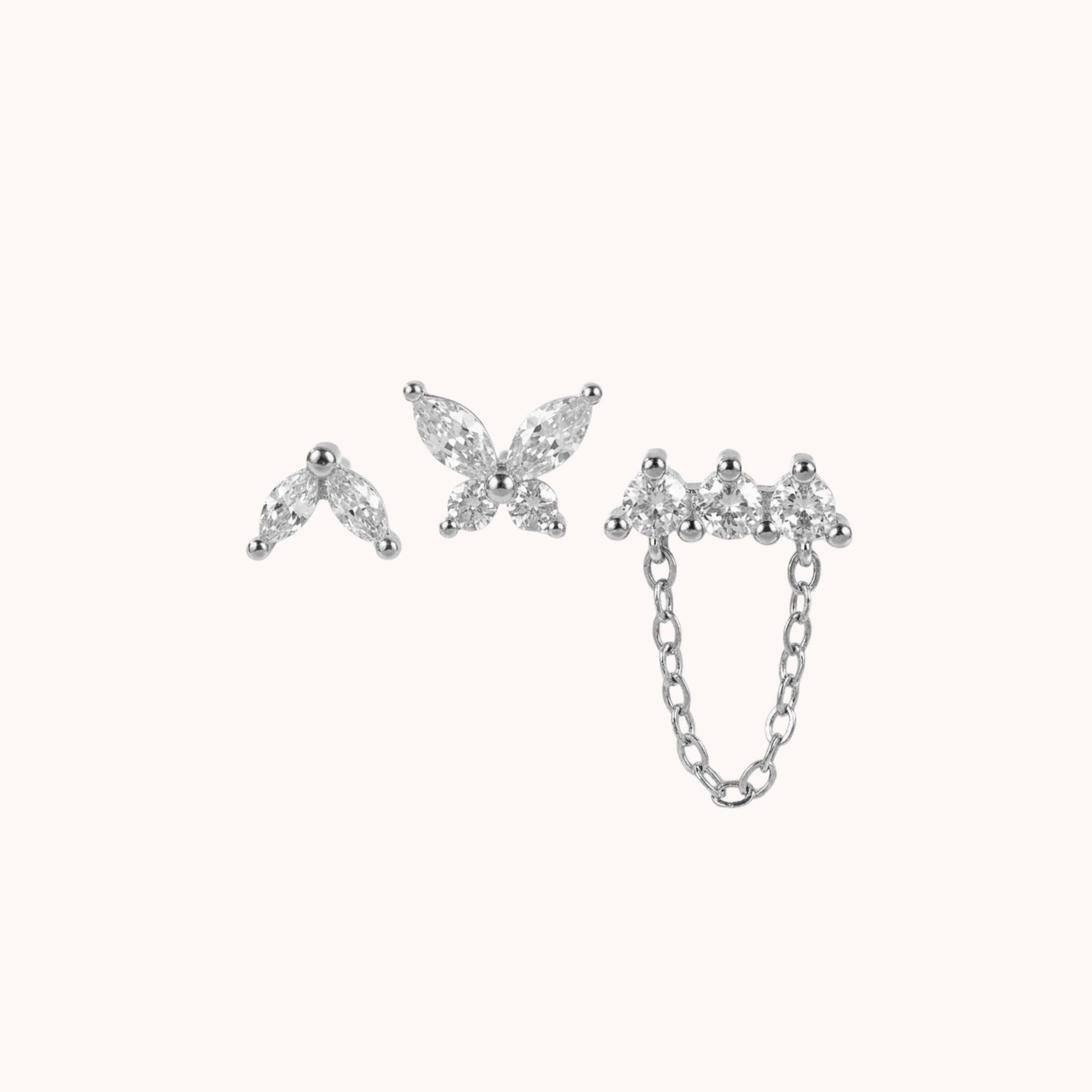 SET ORECCHINI MARQUISE & CHAIN - tris di orecchini a lobo in acciaio