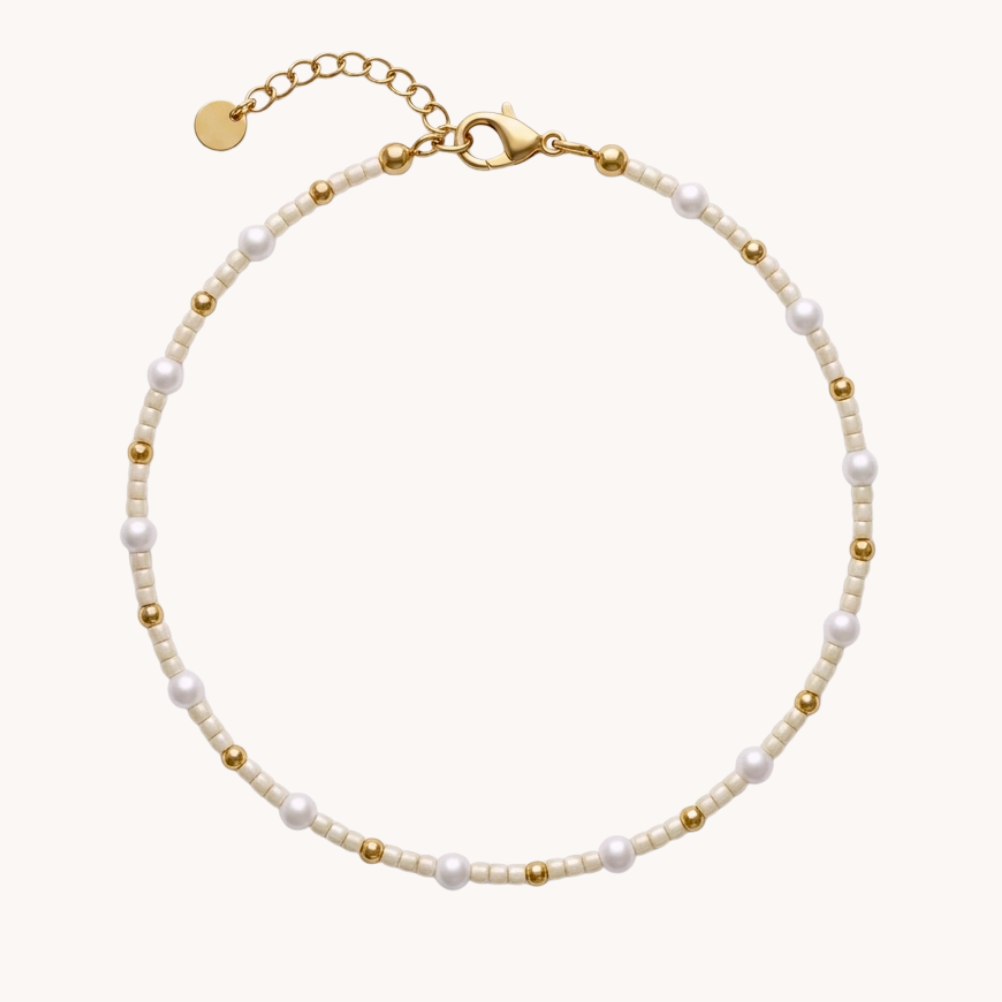 CAVIGLIERA IVORY SHIMMER - perline panna chicco di riso e sfere dorate in acciaio