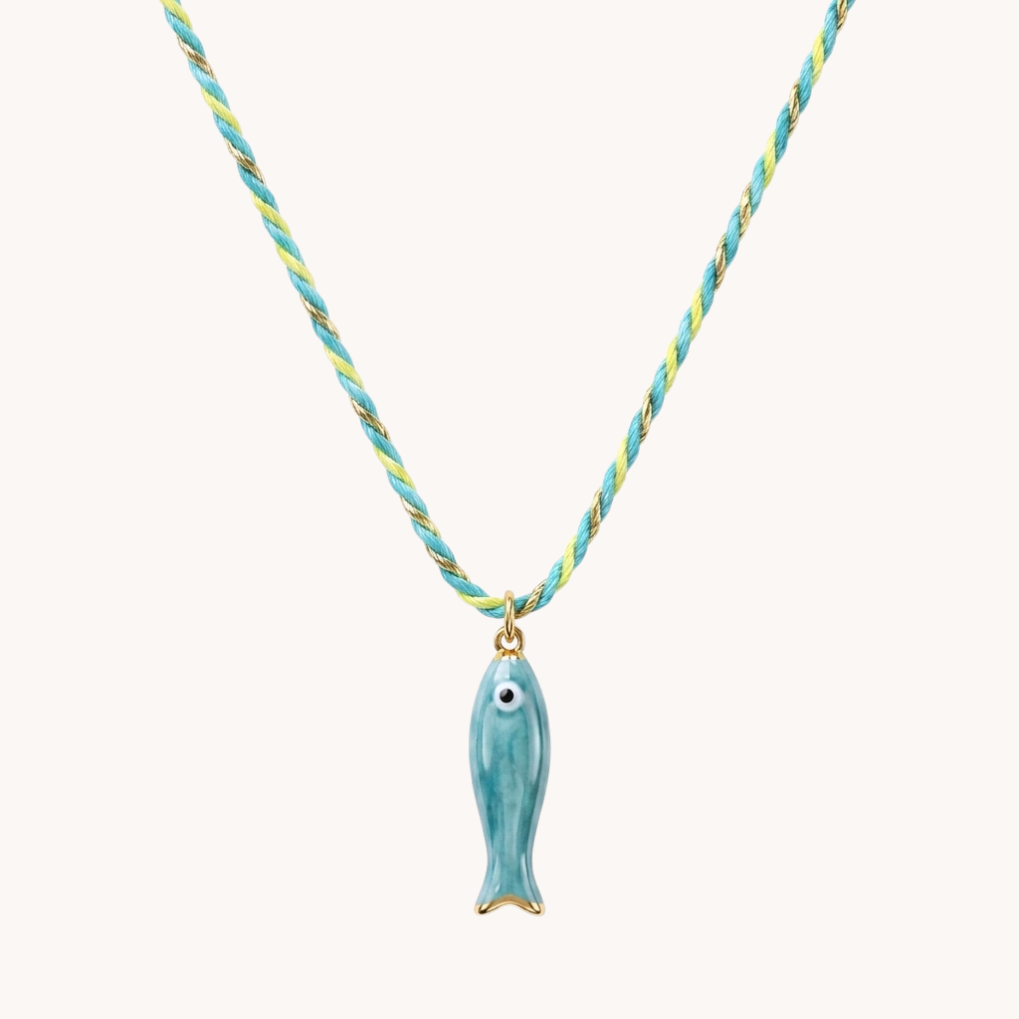 CHOKER CALYPSO CORD - collana choker in cordino intrecciato azzurro e verde con ciondolo pesce smaltato in acciaio oro
