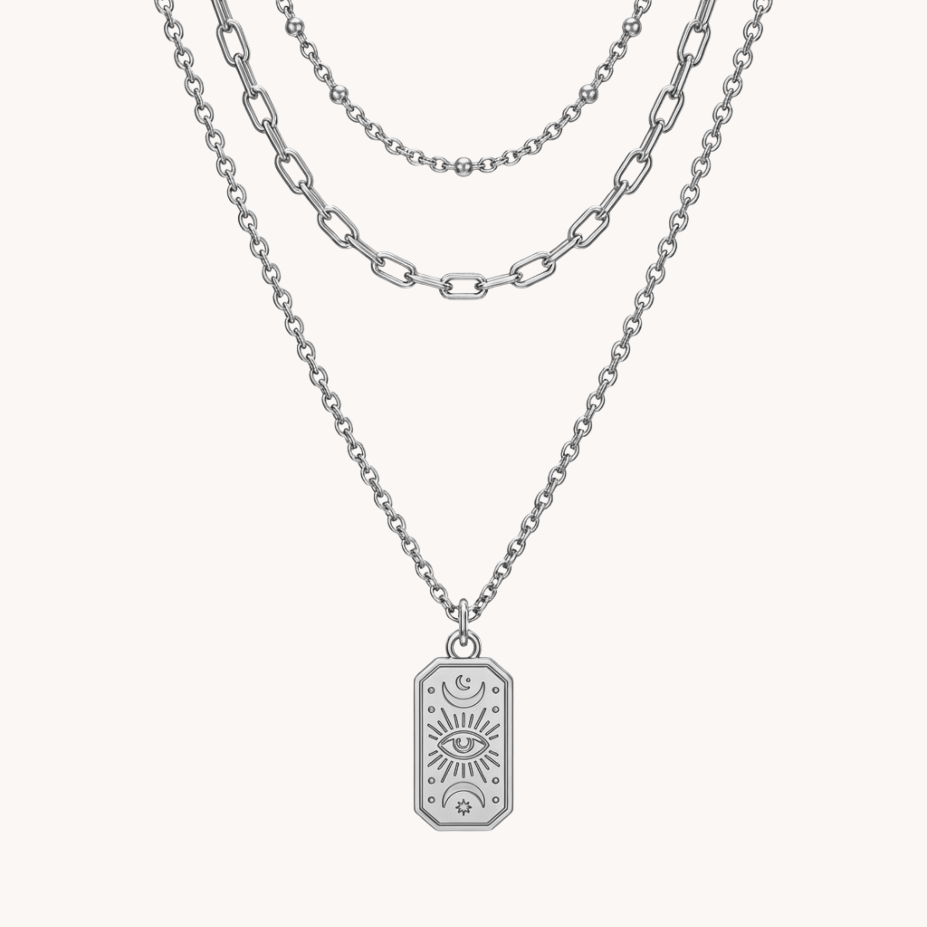 TRIPLA COLLANA OCCHIO - collana tripla a strati con catene texturizzate e ciondolo occhio mistico in acciaio