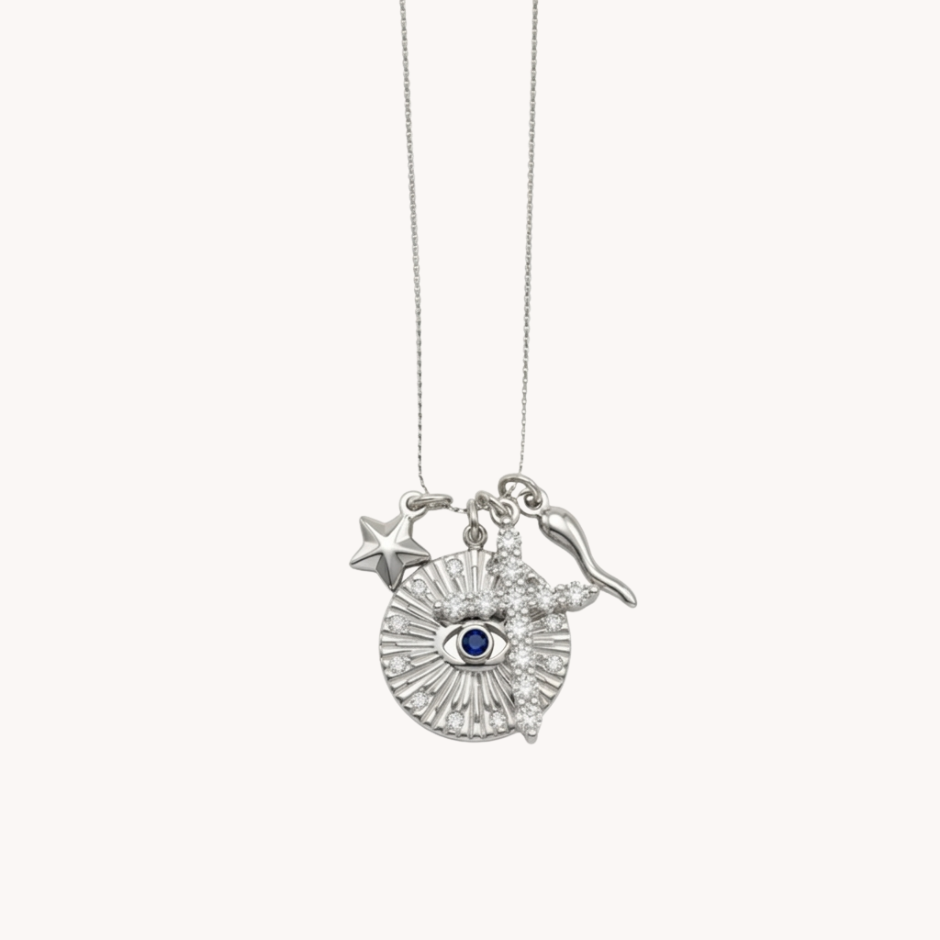 COLLANA GUARDIAN SPIRIT - collana con charms multipli medaglia raggiera, occhio blu, croce e stella in acciaio oro
