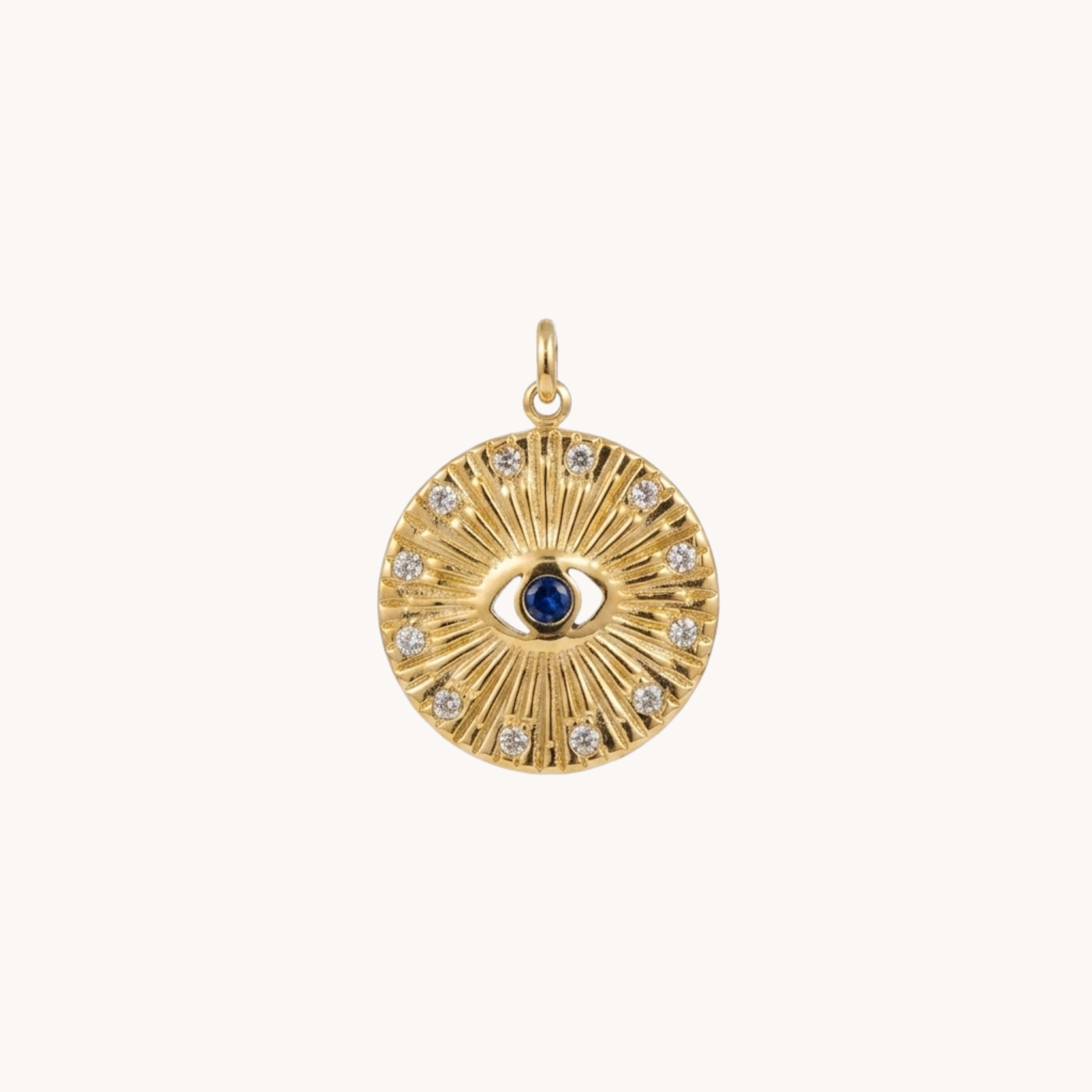 CIONDOLO OCCHIO EYE - moneta con occhio e zircone blu zaffiro in acciaio oro o argento