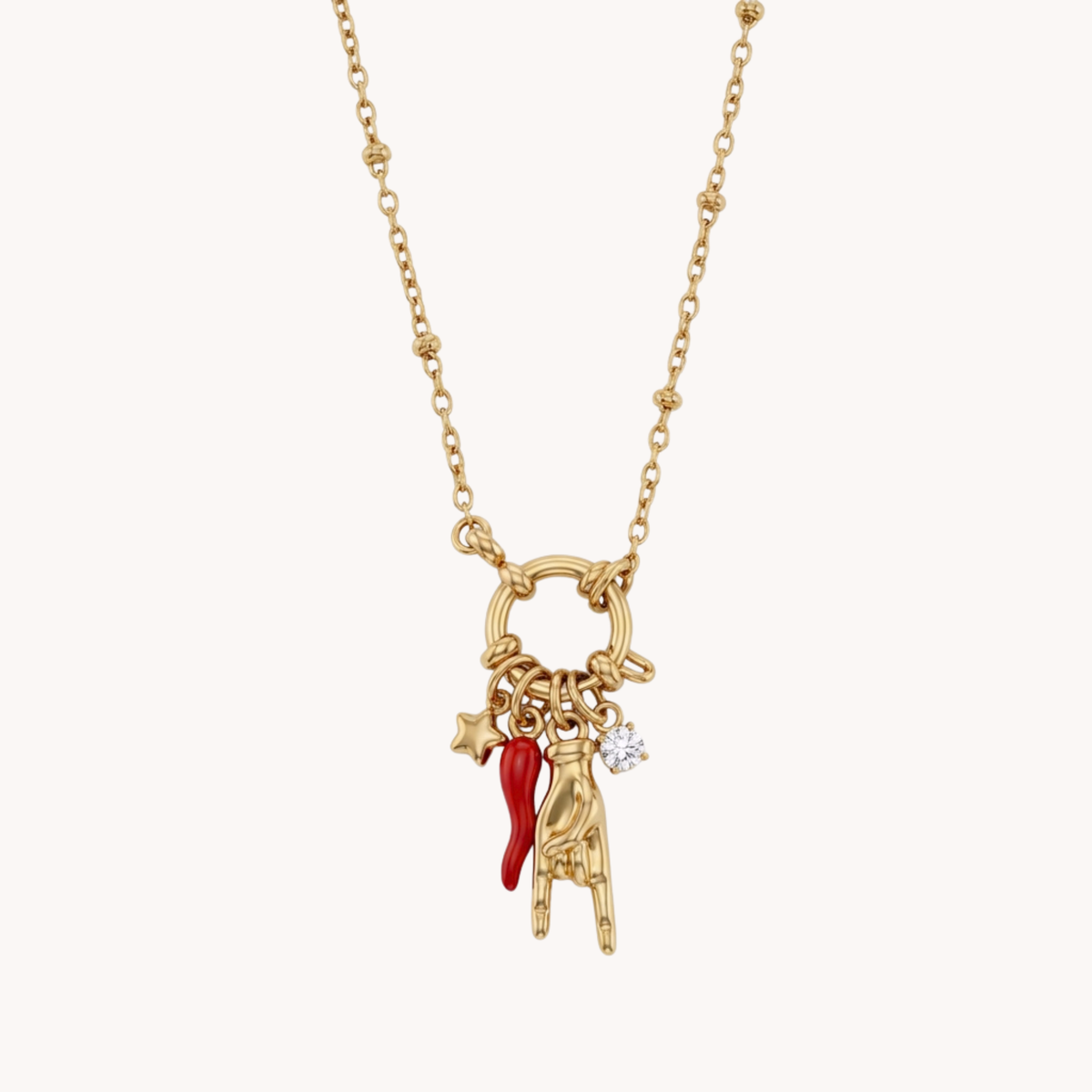 Collana Lucky Charms VANDEM con stella, cornetto e manina portafortuna