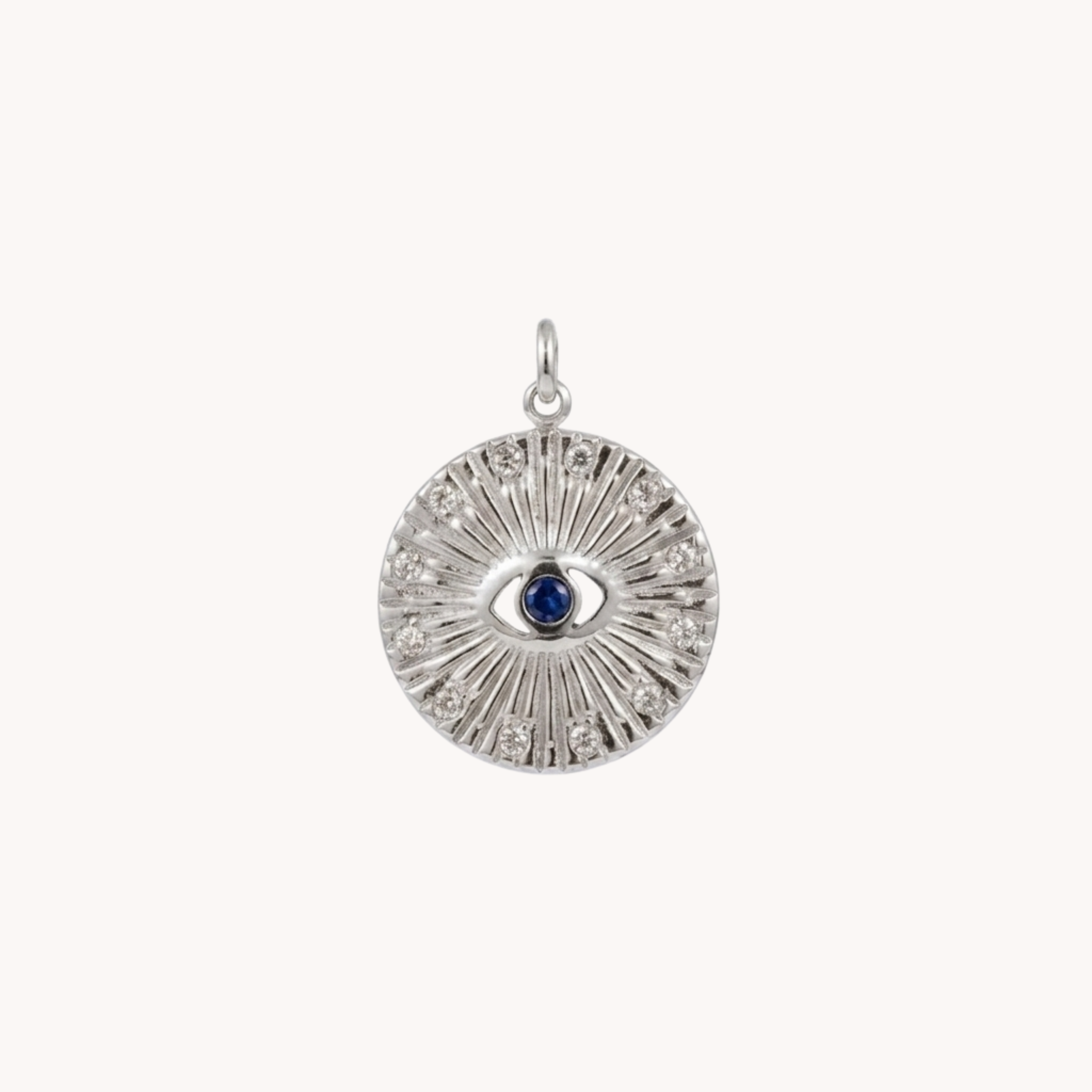 CIONDOLO OCCHIO EYE - moneta con occhio e zircone blu zaffiro in acciaio oro o argento