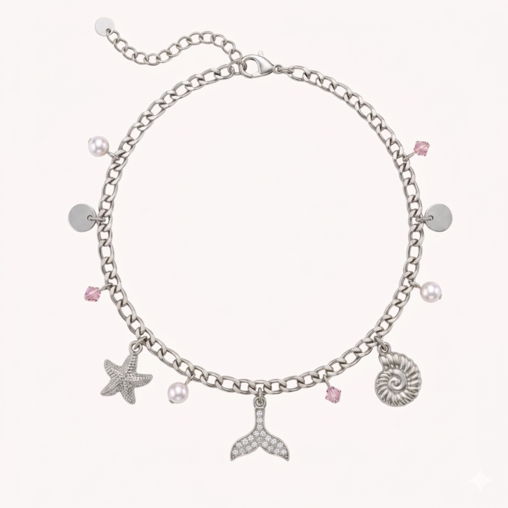 CAVIGLIERA SPARKLING WHALE - cristalli rosa, perle e coda di balena con zirconi in acciaio