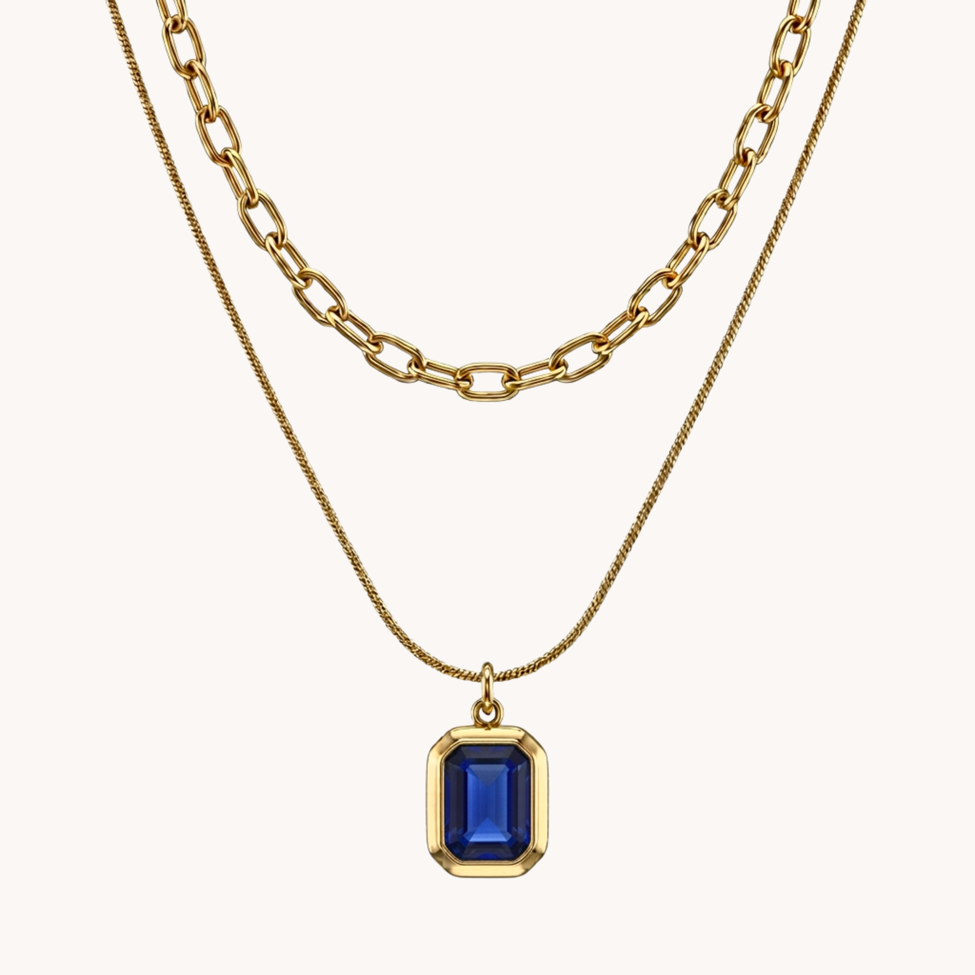 DOPPIA COLLANA ZIRCONE - set due fili con maglia groumette e pendente in acciaio