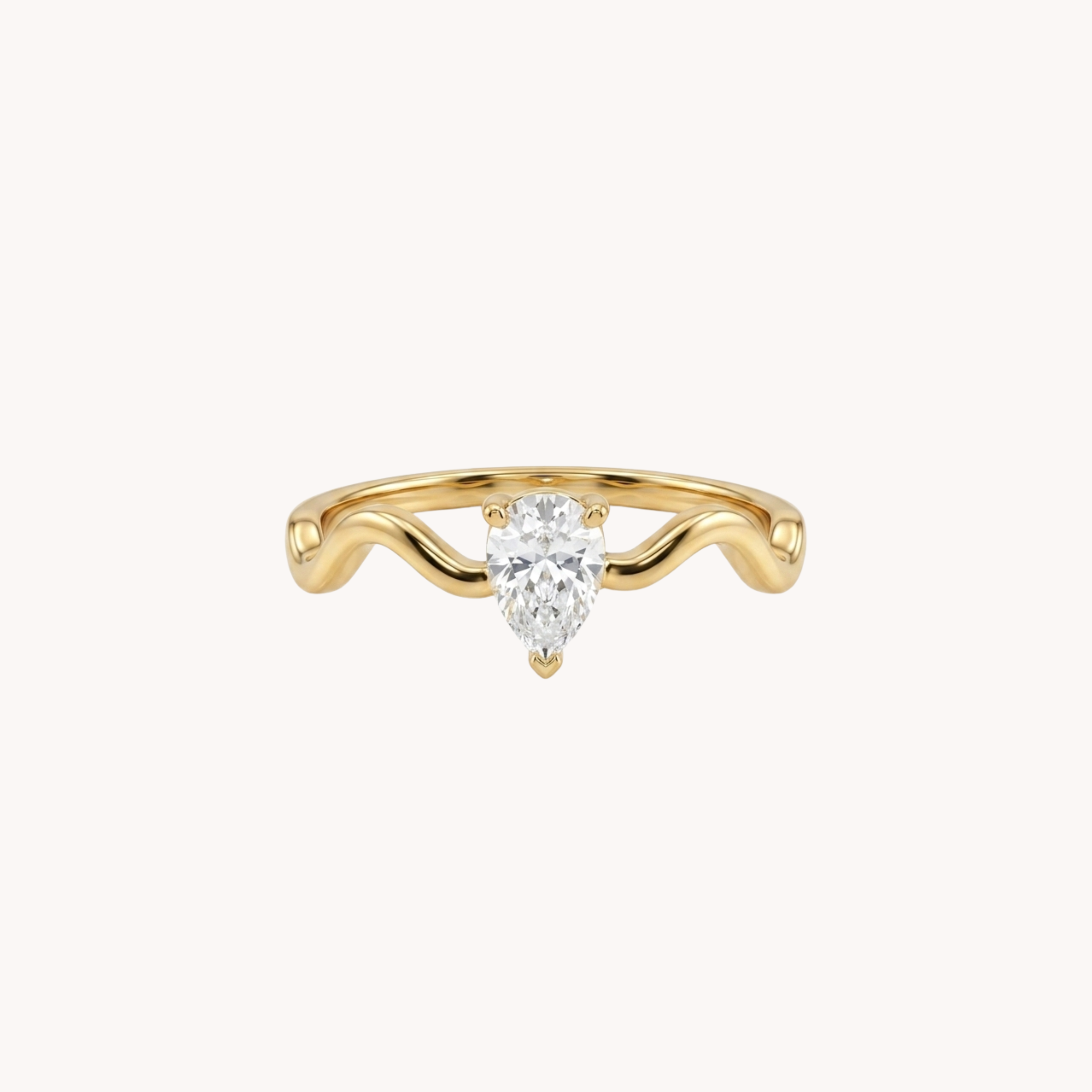 ANELLO SINUOUS - anello con gambo a onda e zircone centrale a goccia in acciaio oro