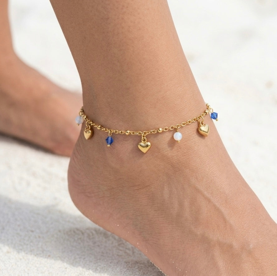CAVIGLIERA BLUE ROMANCE - charms a cuore e cristalli blu in acciaio waterproof