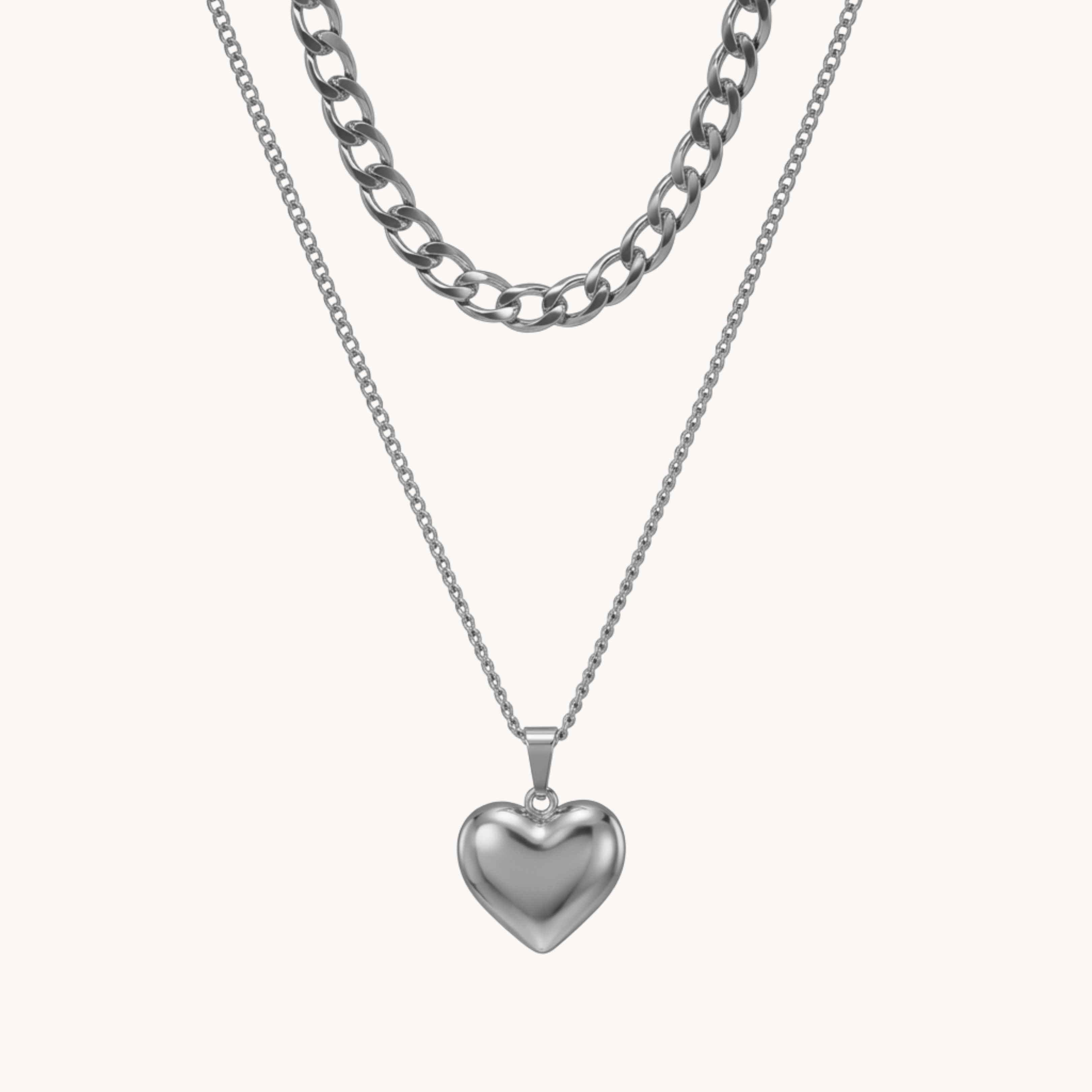 DOPPIA COLLANA GROUMETTE LOVE - collana doppia a strati con catena groumette e ciondolo cuore bombato in acciaio