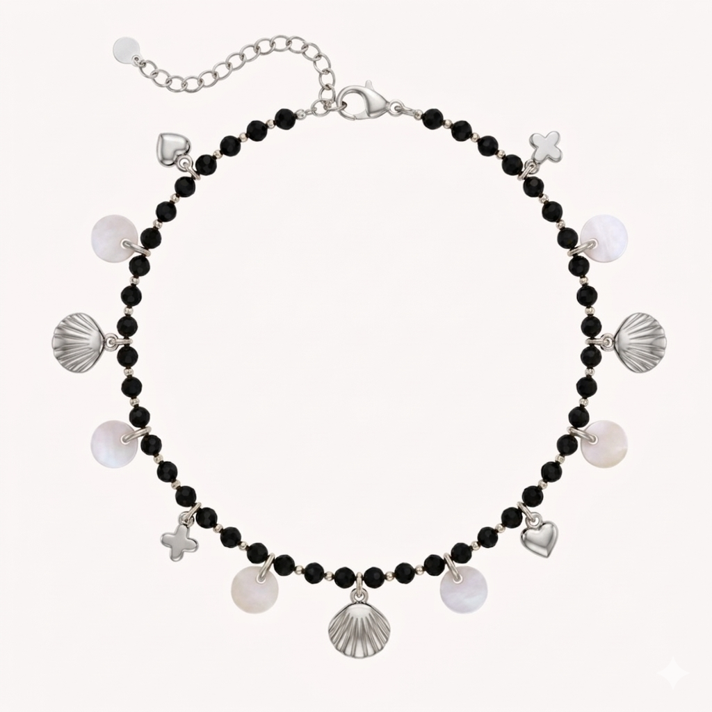 CAVIGLIERA MIDNIGHT OCEAN - perline nere, conchiglie e madreperla in acciaiO