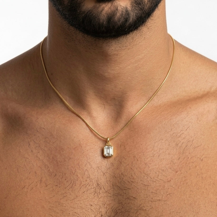 COLLANA ZIRCONE RETTANGOLARE - collana da uomo con ciondolo cristallo rettangolare blu e catena snake in acciaio oro