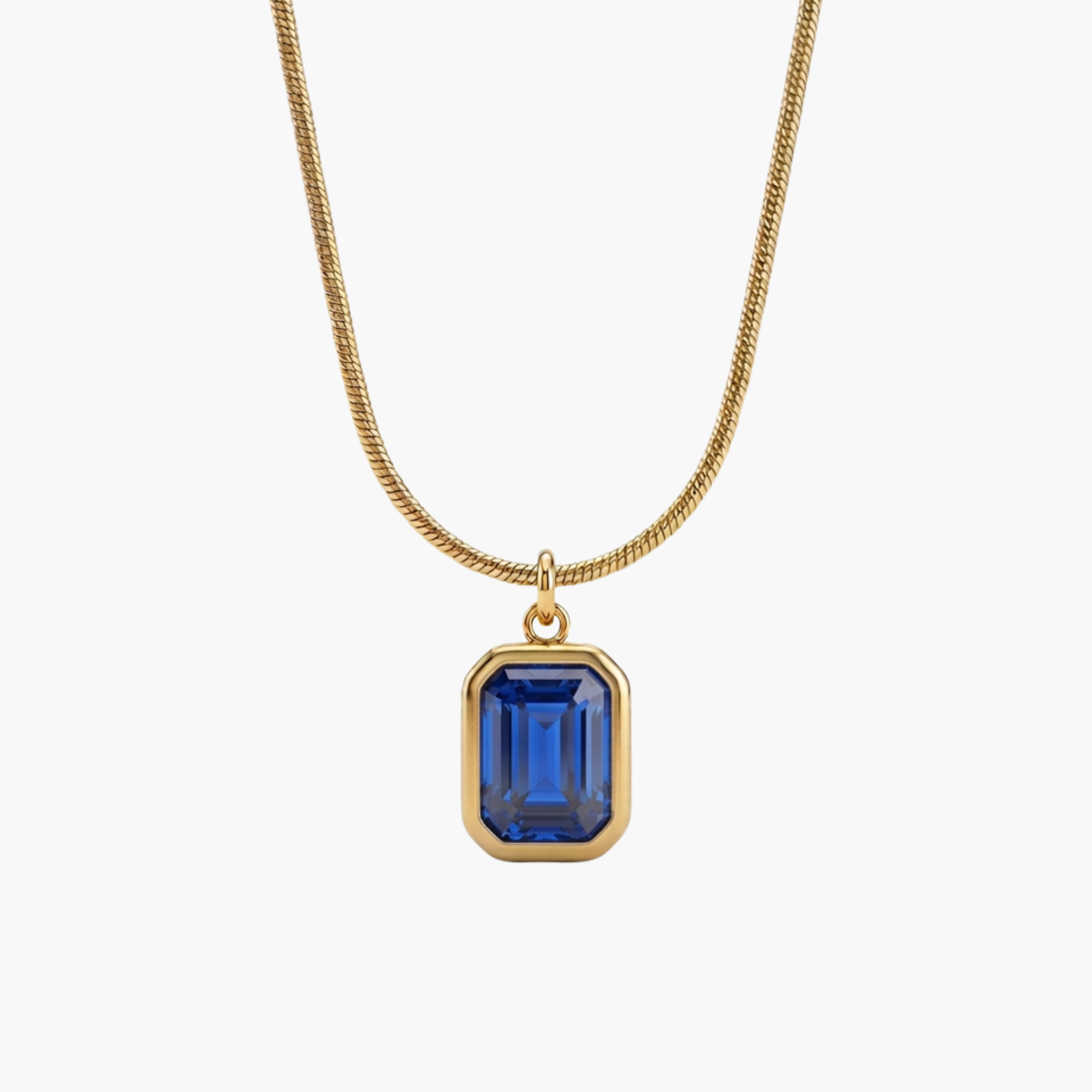 COLLANA ZIRCONE RETTANGOLARE - collana da uomo con ciondolo cristallo rettangolare blu e catena snake in acciaio oro