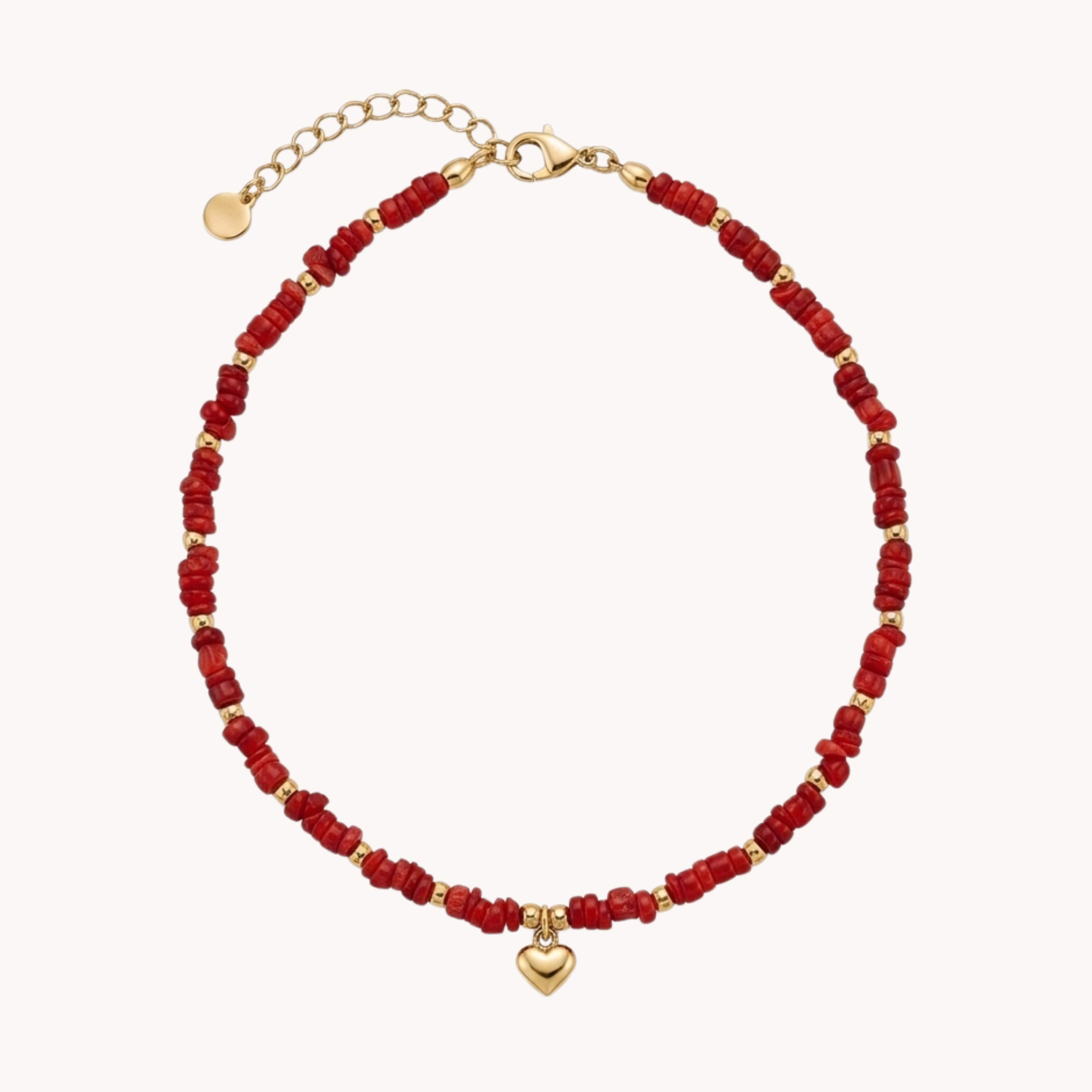 CAVIGLIERA LOVE CORAL - perline rosse corallo e ciondolo cuore in acciaio oro o argento