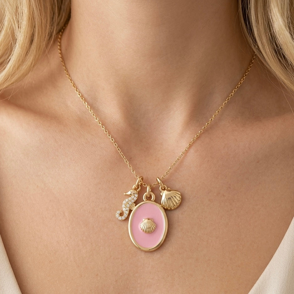 COLLANA PINK OCEAN - charms marini con cavalluccio, conchiglia e medaglione rosa