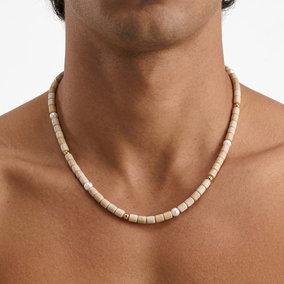 GIROCOLLO SAND CORE - collana da uomo con perline cilindriche beige e inserti perla in acciaio oro o argento