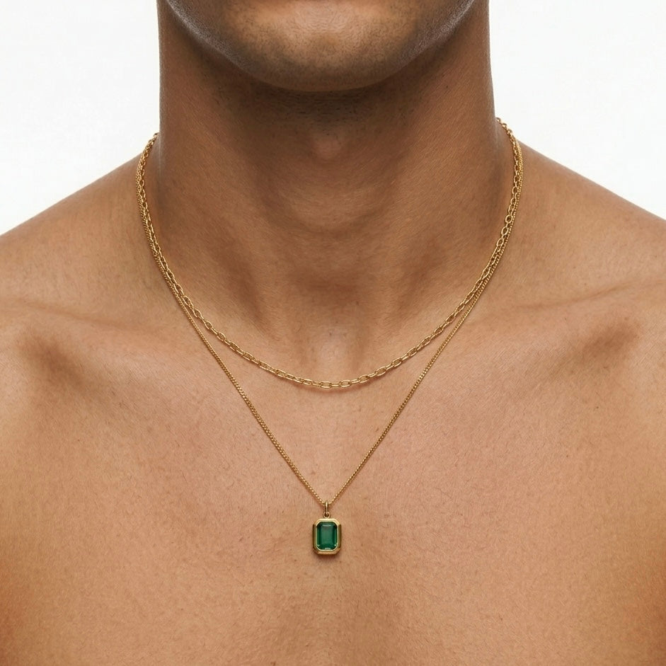 DOPPIA COLLANA EMERALD STACK - set 2 collane da uomo con catena a maglie, catena snake e ciondolo rettangolare verde in acciaio oro