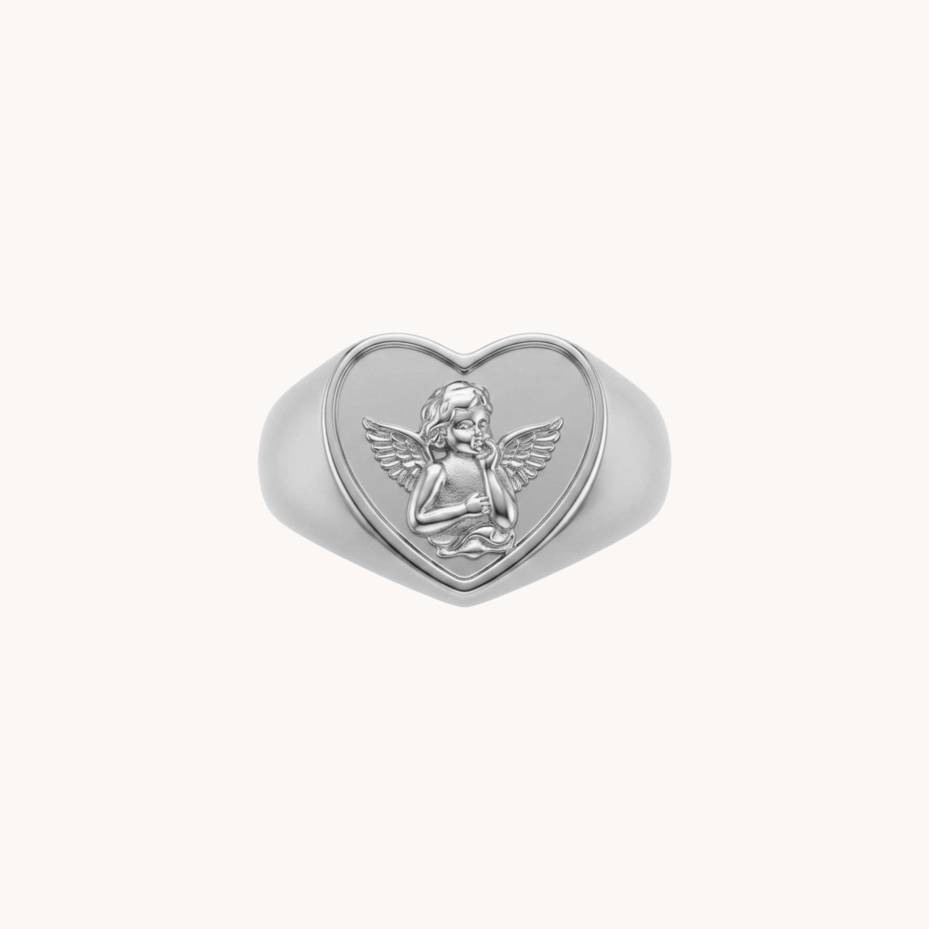 Anello Love Angelo VANDEM in acciaio oro, anello da donna a sigillo a forma di cuore con incisione a rilievo di un angelo cherubino lucido