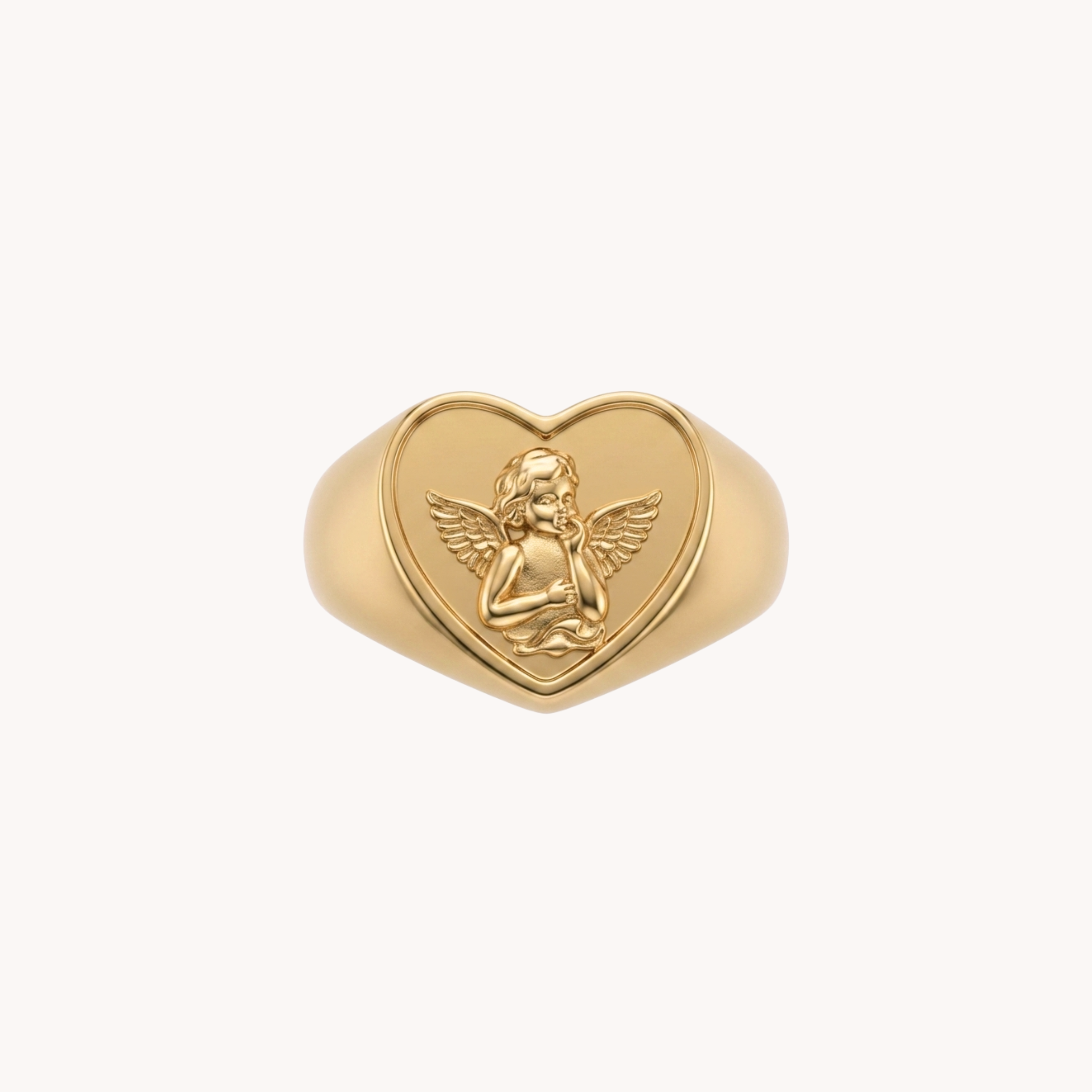 Anello Love Angelo VANDEM in acciaio oro, anello da donna a sigillo a forma di cuore con incisione a rilievo di un angelo cherubino lucido