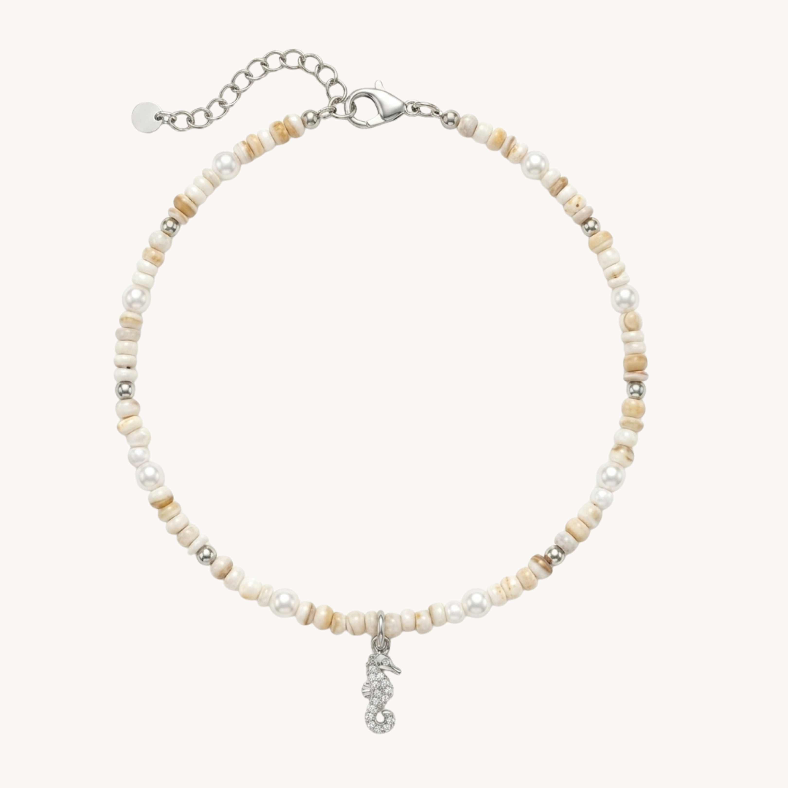 CAVIGLIERA SEAHORSE SHINE - perline sabbia, perle bianche e charm ippocampo con zirconi in acciaio