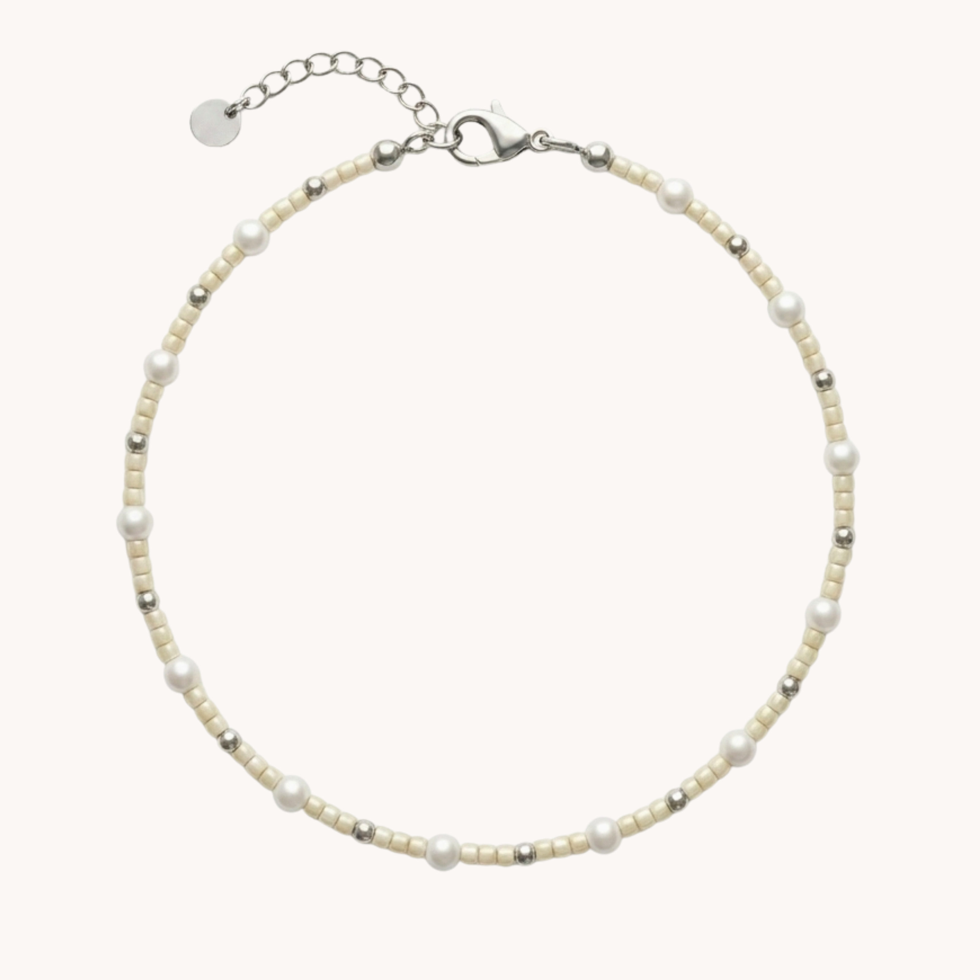 CAVIGLIERA IVORY SHIMMER - perline panna chicco di riso e sfere dorate in acciaio