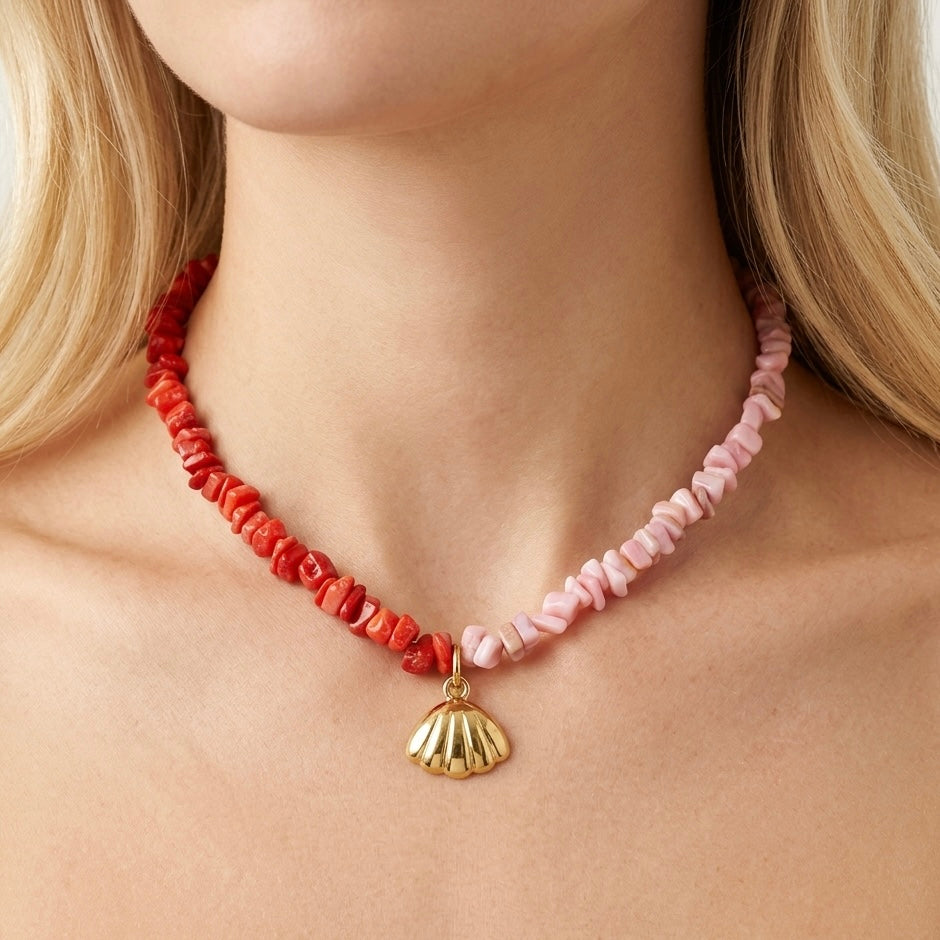 GIROCOLLO AGATA PASSION SHELL - pietre naturali degradé rosso-rosa e conchiglia in acciaio