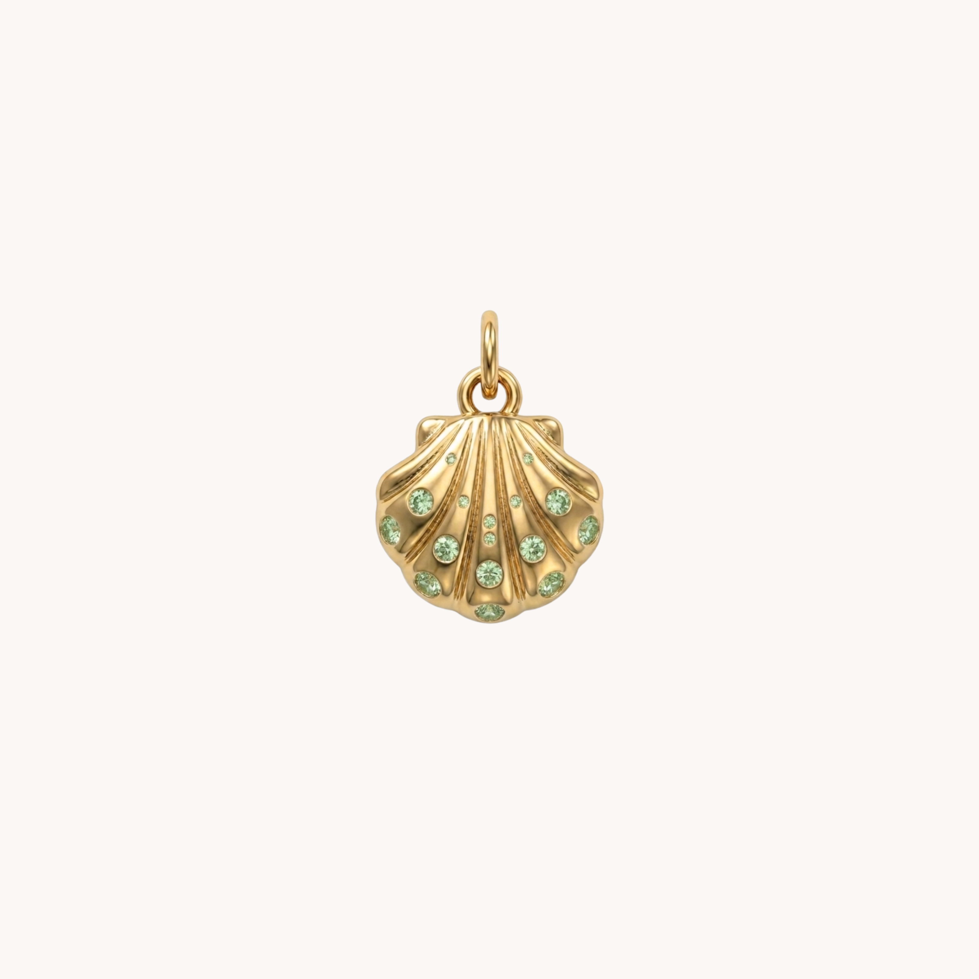 CIONDOLO SHELL GREEN - conchiglia capasanta con zirconi verdi in acciaio oro