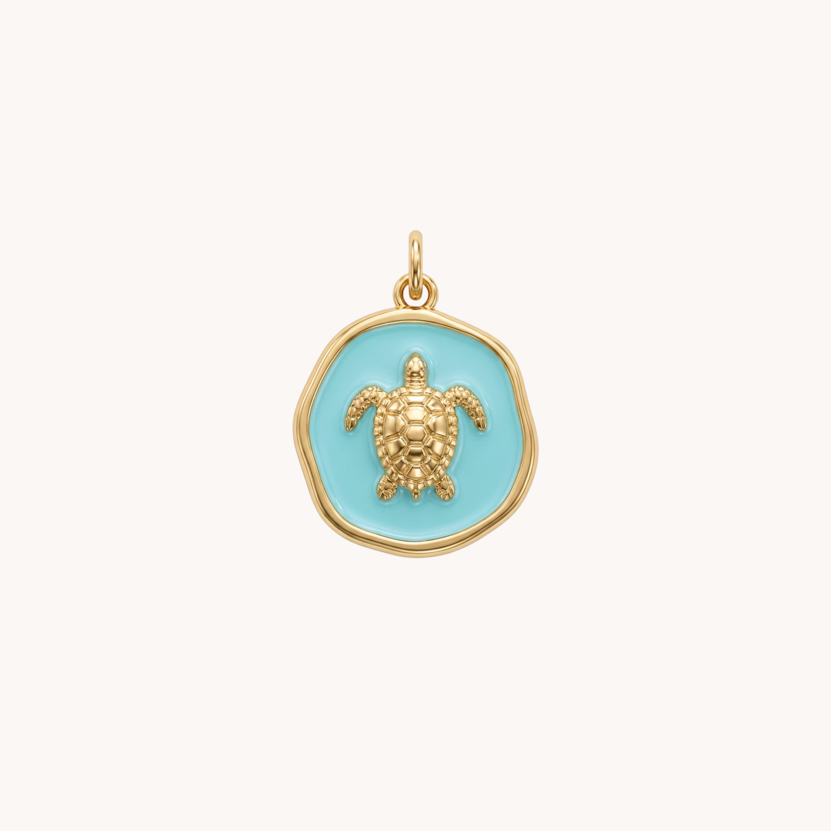 Ciondolo Tartaruga Turquoise Medal VANDEM in acciaio oro, charm singolo componibile a medaglietta tonda smaltata azzurro turchese con tartaruga lucida