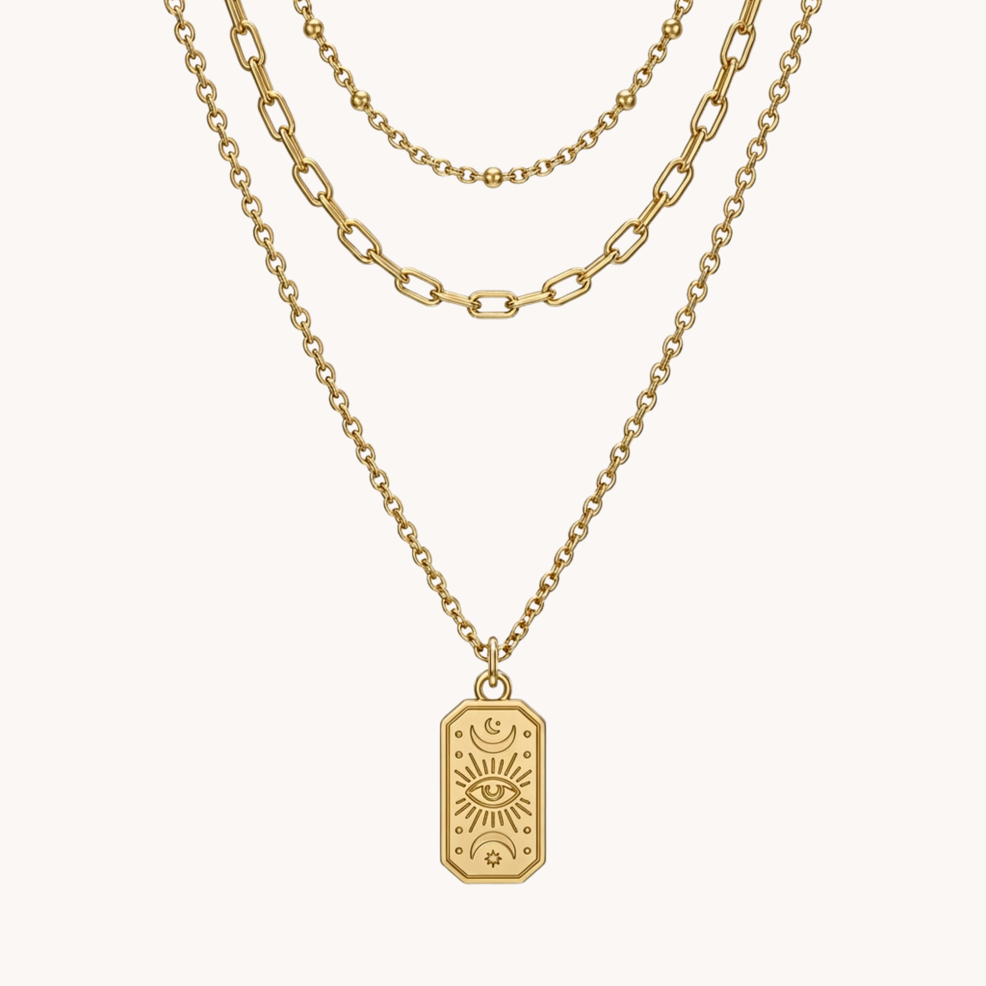 TRIPLA COLLANA OCCHIO - collana tripla a strati con catene texturizzate e ciondolo occhio mistico in acciaio