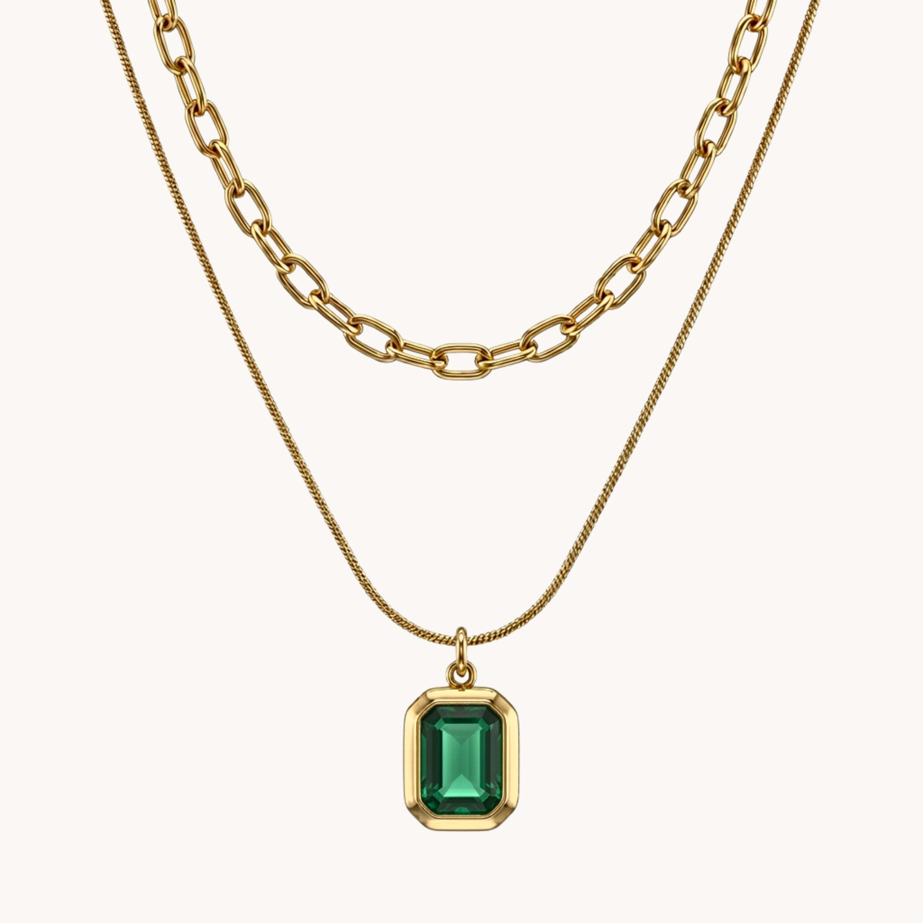 DOPPIA COLLANA ZIRCONE - set due fili con maglia groumette e pendente in acciaio