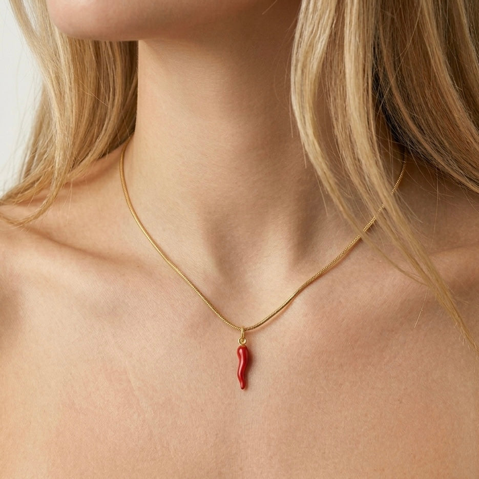 COLLANA CORNETTO ROSSO - collana portafortuna con ciondolo corno napoletano smaltato in acciaio