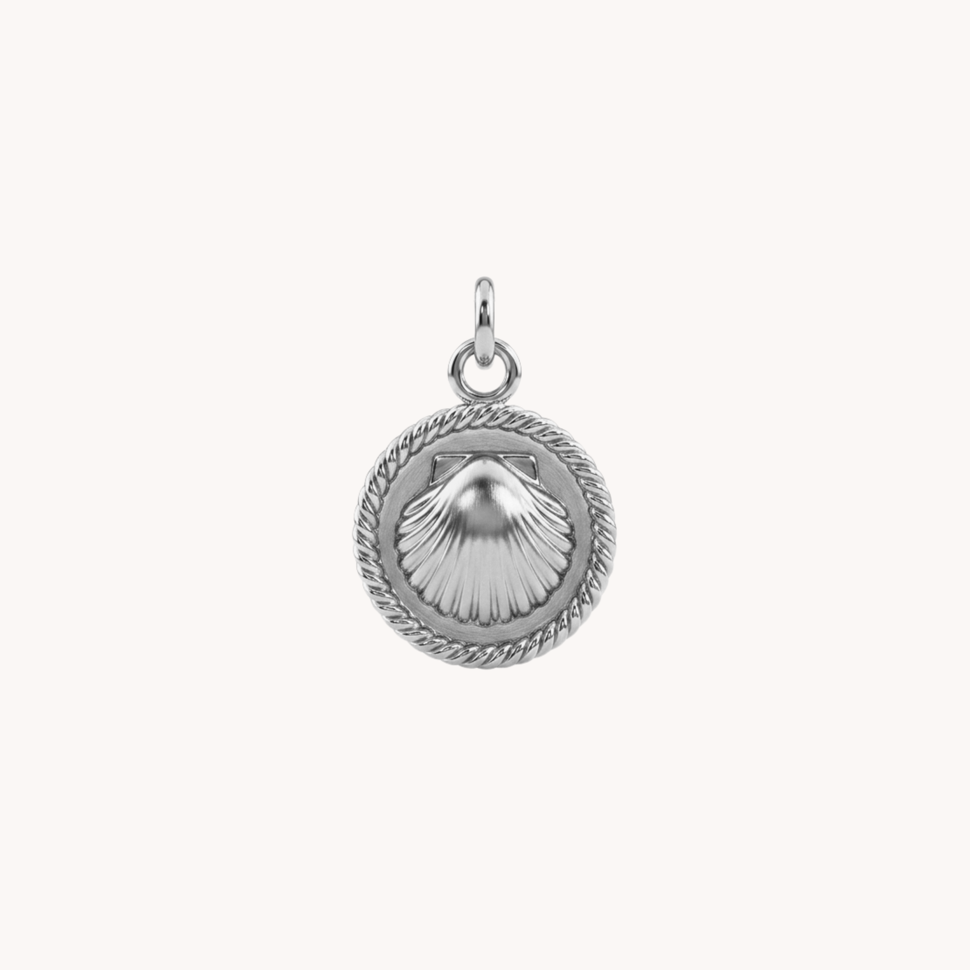 CIONDOLO SHELL COIN - medaglia tonda zigrinata con conchiglia a rilievo in acciaio argento o oro