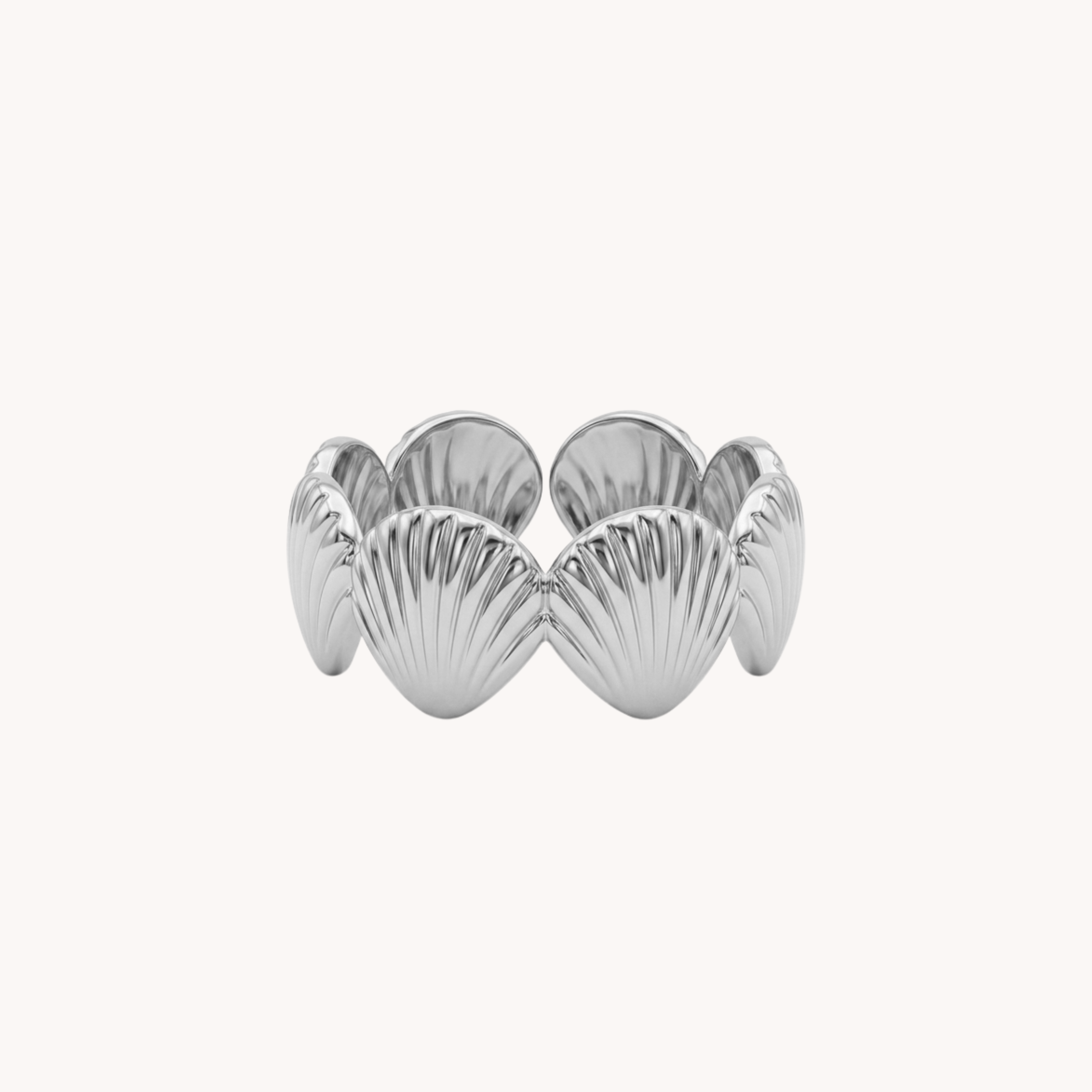 Anello Conchiglie Cowry Band Rick VANDEM in acciaio oro, anello a fascia spessa aperta regolabile con motivo a conchiglie lucido a specchio