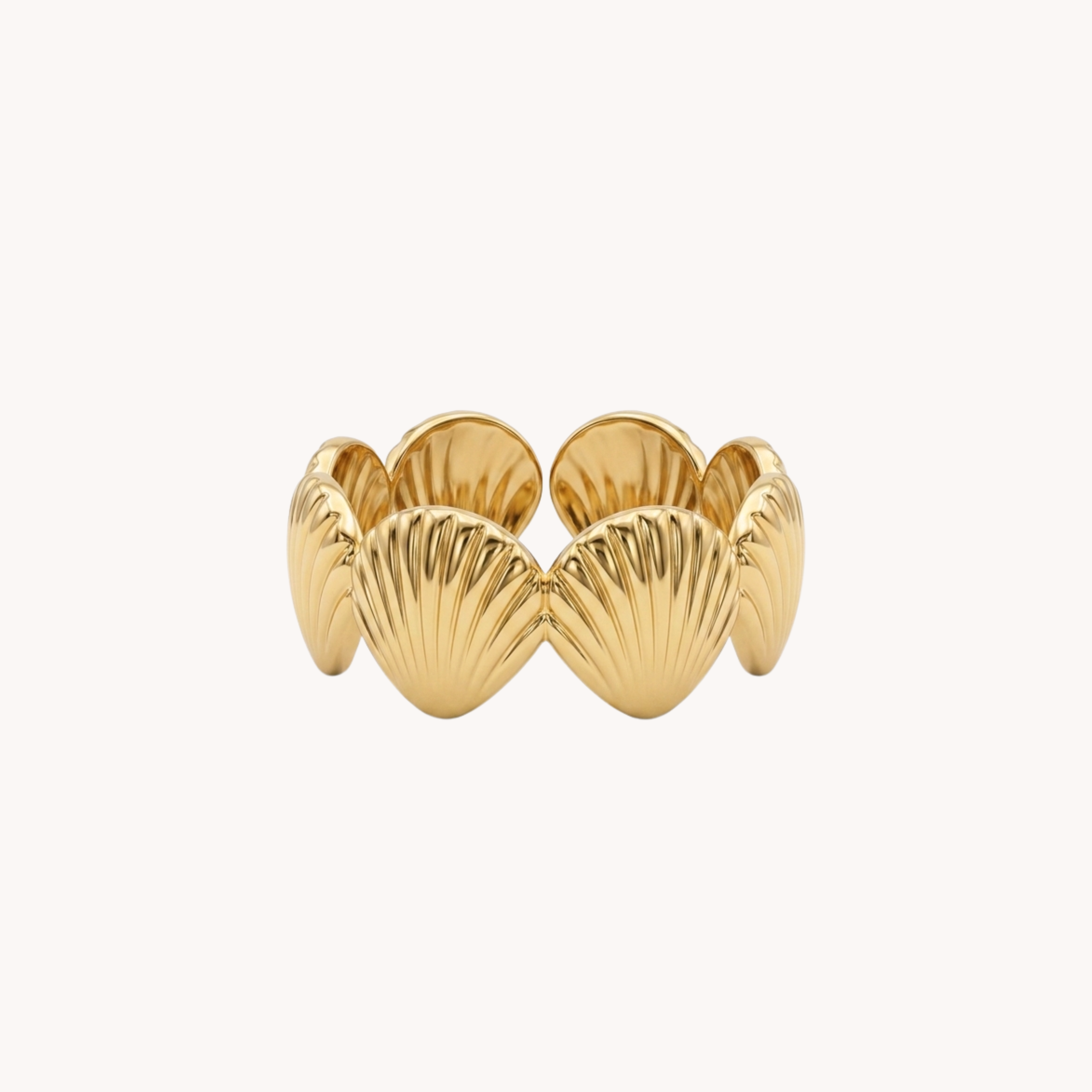 Anello Conchiglie Cowry Band Rick VANDEM in acciaio oro, anello a fascia spessa aperta regolabile con motivo a conchiglie lucido a specchio