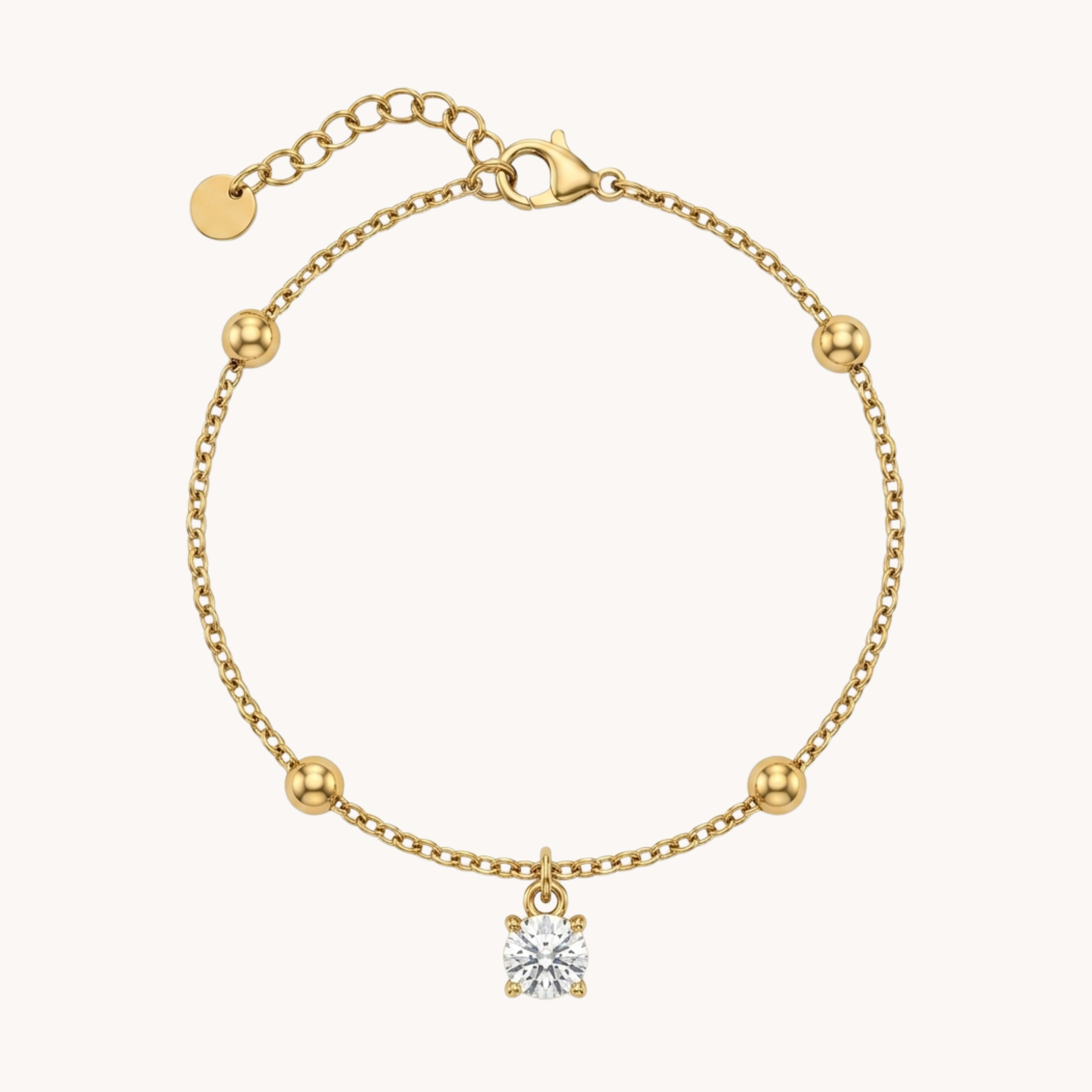 Bracciale Punto Luce Solitaire Glint VANDEM in acciaio oro, bracciale sottile da donna con perline lisce e pendente centrale punto luce di strass