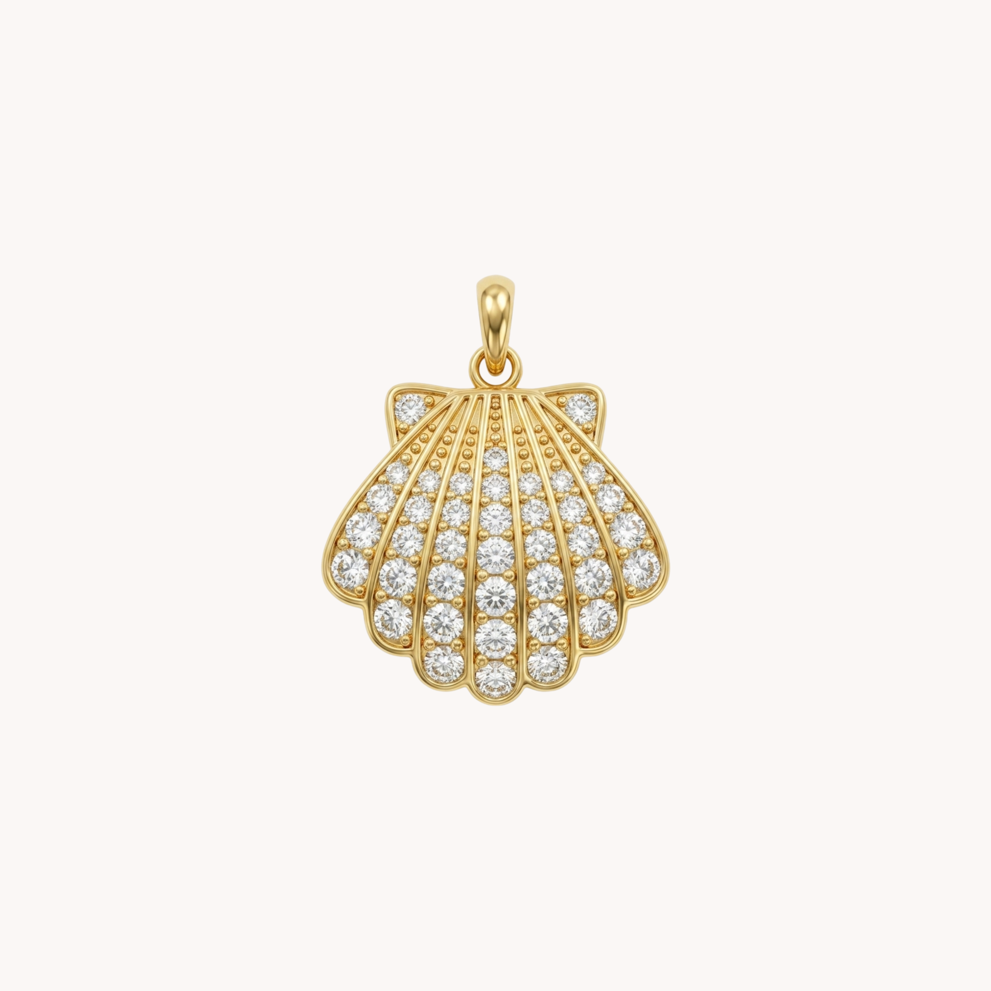 Ciondolo Conchiglia Iced Fan VANDEM in acciaio oro, charm singolo componibile a forma di conchiglia capasanta con pavé di strass lucidi