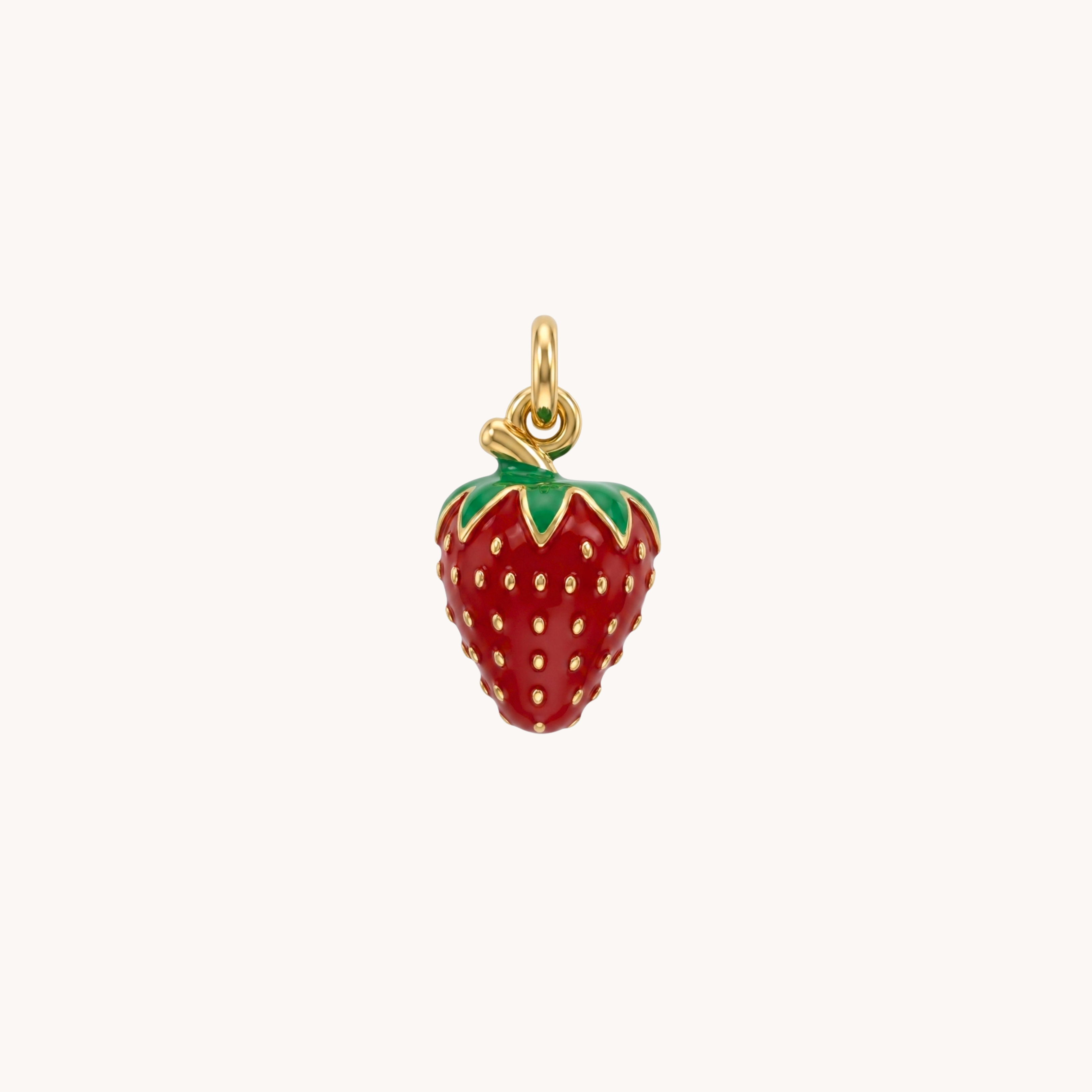 Ciondolo Fragola Sweet Chilli VANDEM in acciaio oro, charm singolo componibile a forma di fragola tridimensionale con smalto rosso e verde lucido