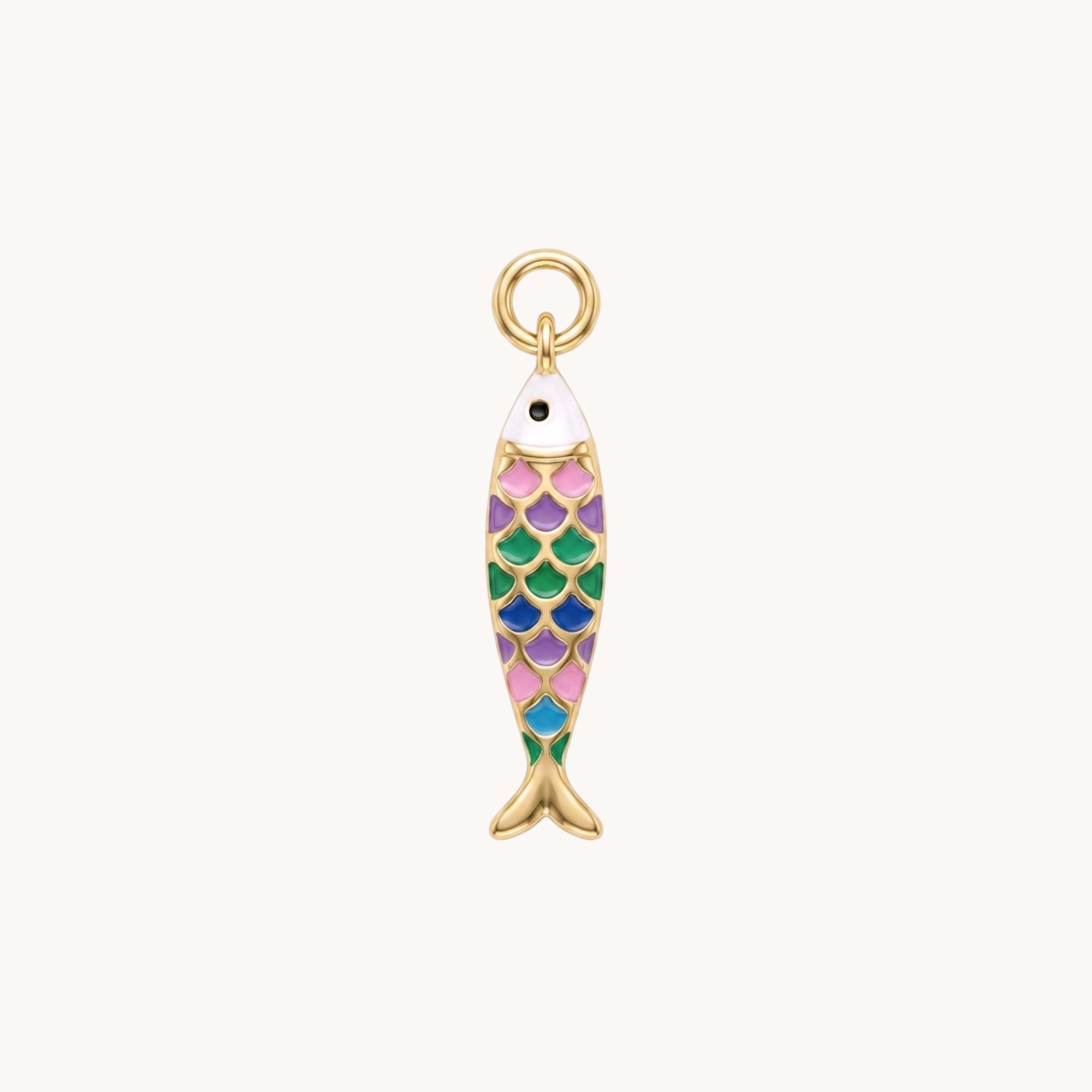 Ciondolo Pesce Rainbow Multicolor VANDEM in acciaio oro, charm singolo componibile a forma di pesce con smalto a fasce colorate arcobaleno