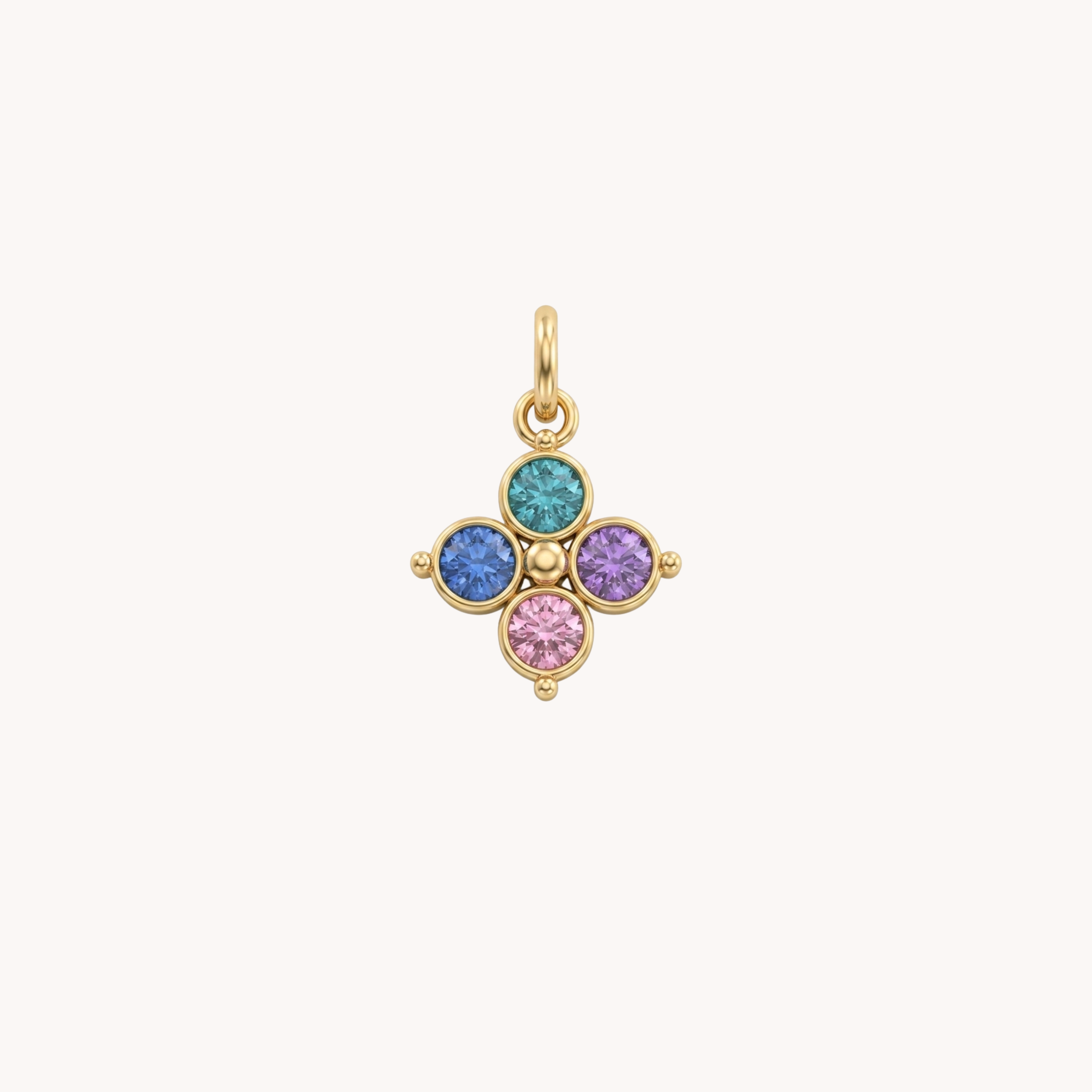 Ciondolo Quadrifoglio Shamrock Chakra VANDEM in acciaio oro, charm singolo componibile a quadrifoglio con zirconi brillanti colorati