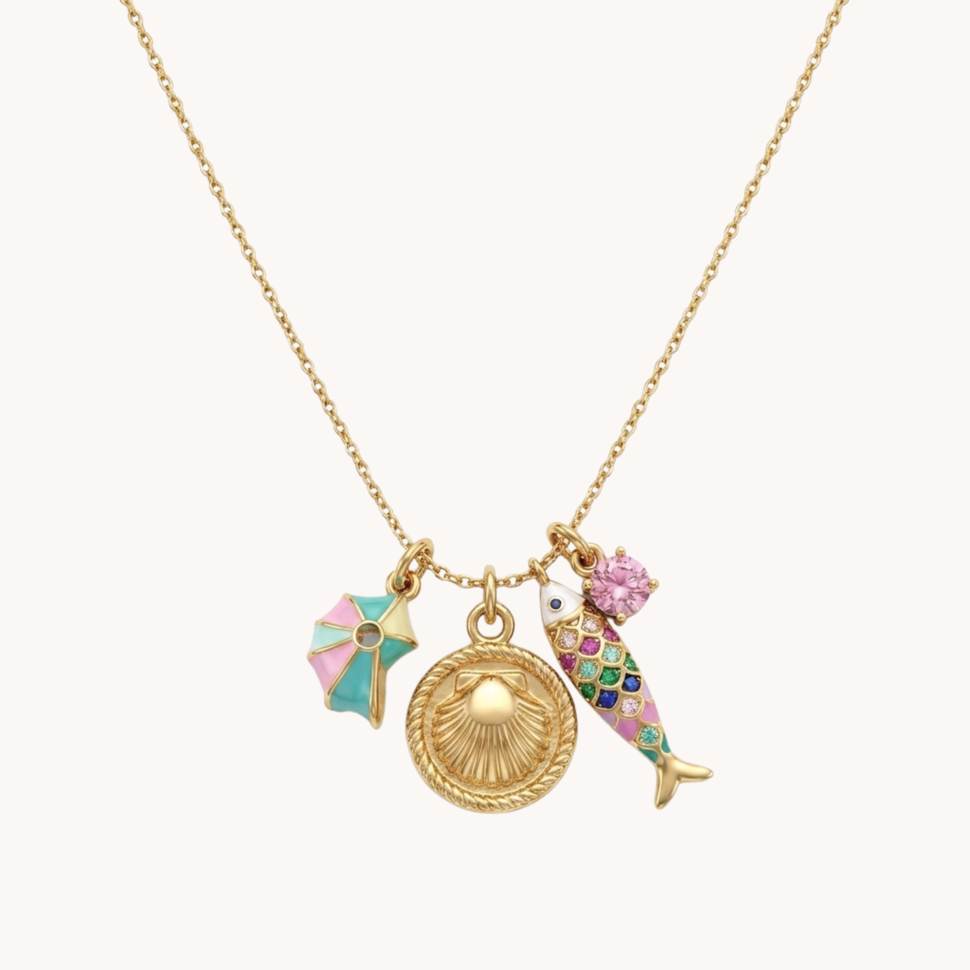 Collana Charms Palm Beach Cluster VANDEM in acciaio oro, collana sottile da donna con grappolo di quattro ciondoli estivi smaltati multicolor