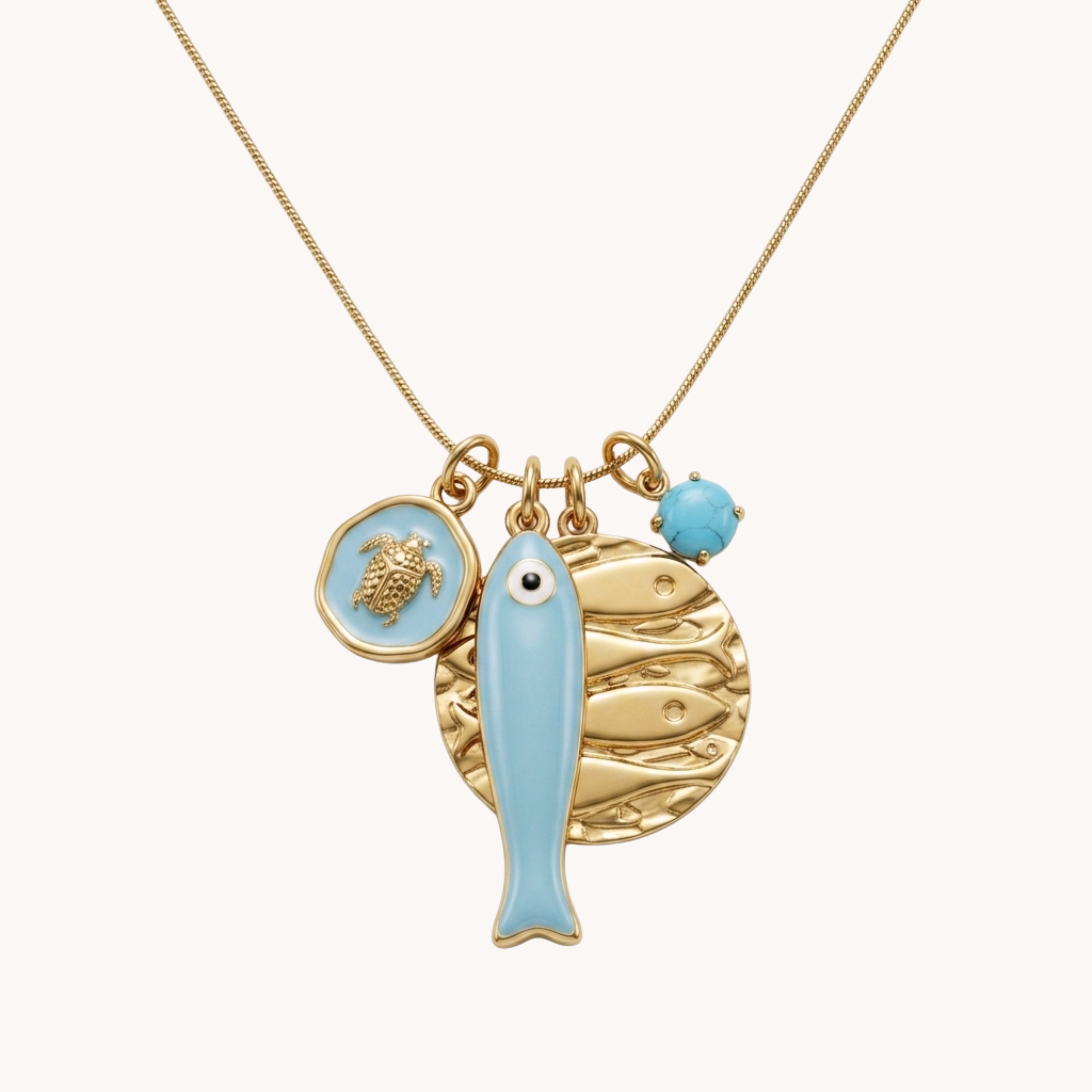 Collana Charms Ocean Cluster Medal VANDEM in acciaio oro, collana a catena sottile da uomo e donna con grappolo di 4 ciondoli marini smaltati azzurri e turchesi