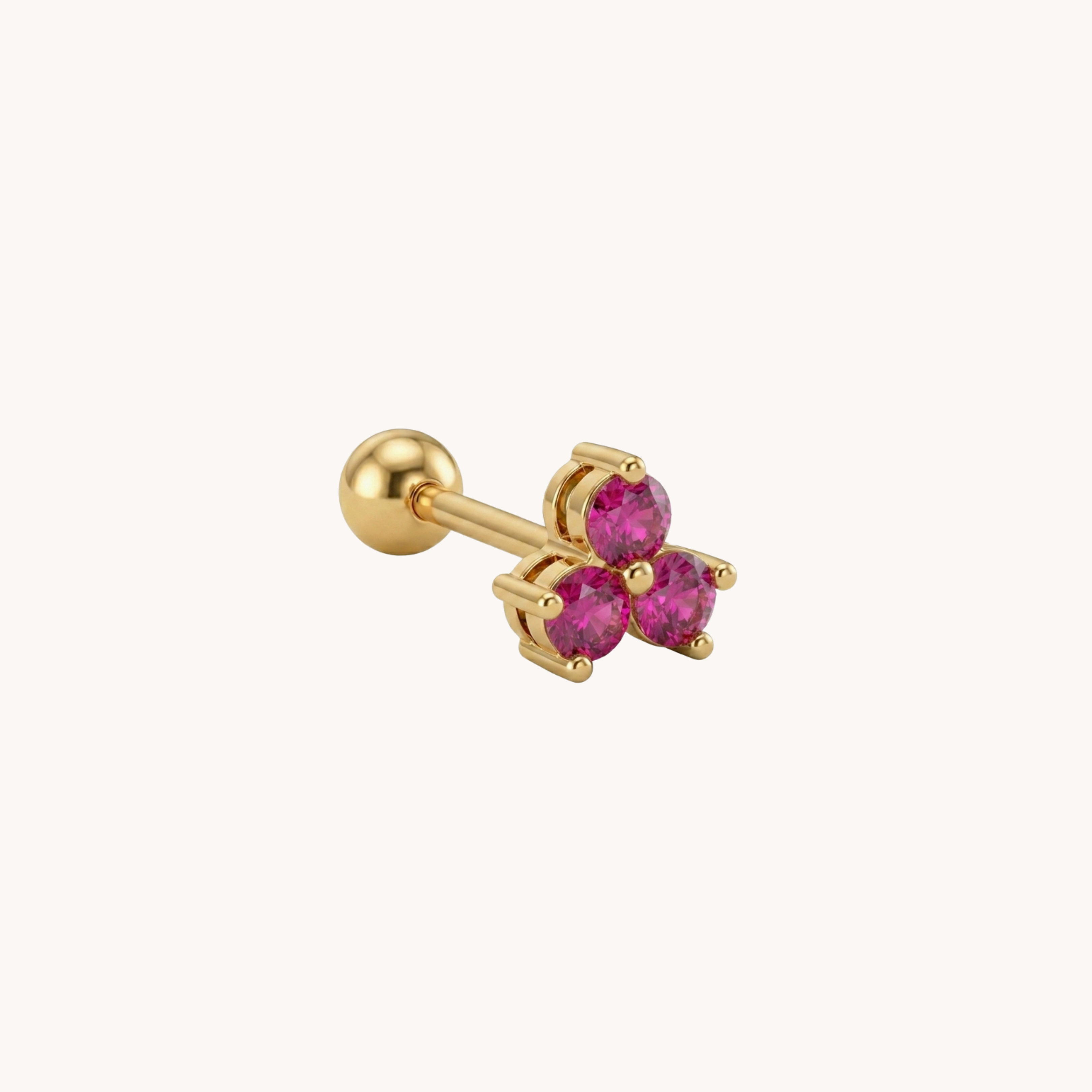 Piercing Triple VANDEM in acciaio oro, piercing singolo da donna a forma di fiore a tre petali con zirconi rosso rubino lucidi