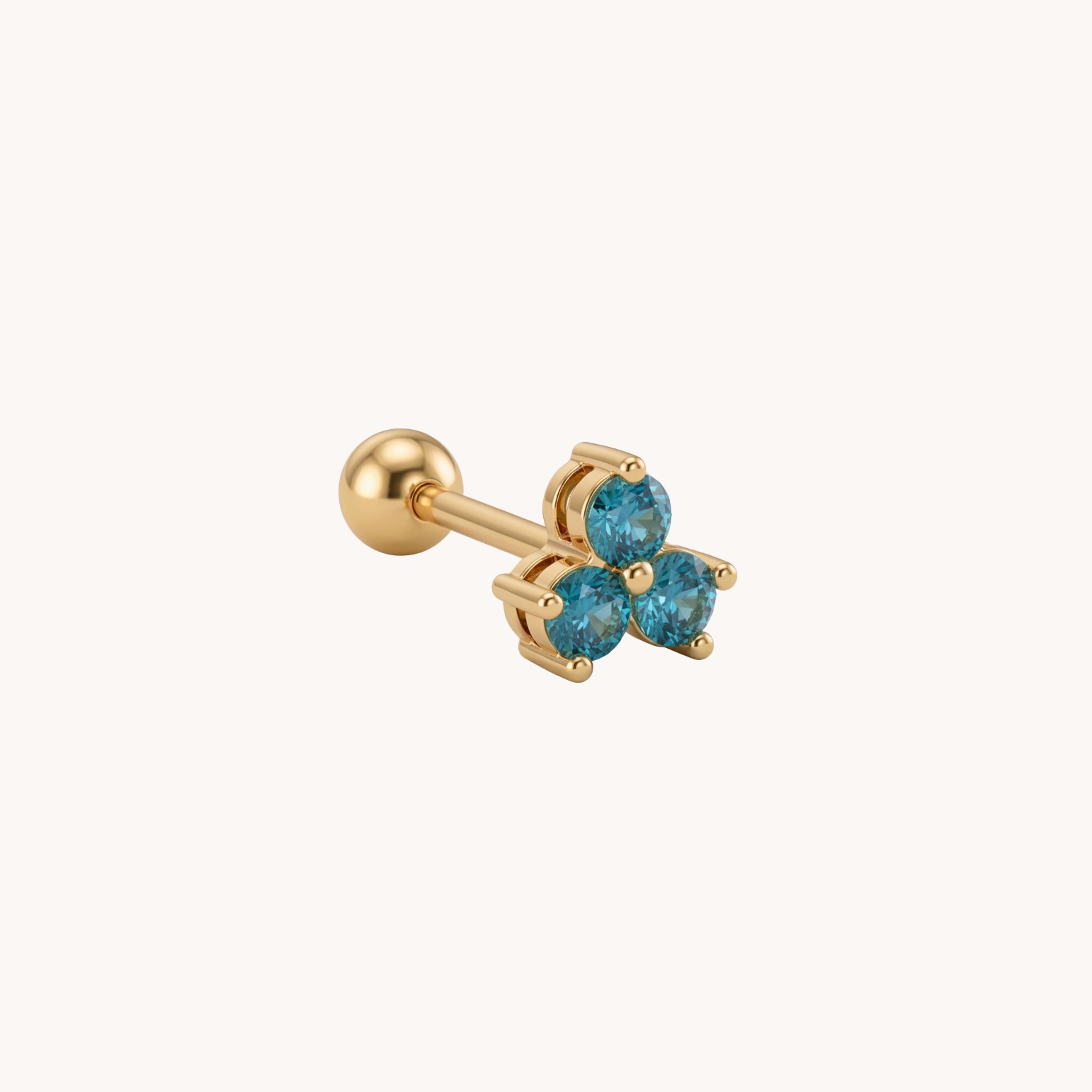 Piercing Fiore Azzurro Triple Blu Glow VANDEM in acciaio oro, piercing singolo da donna a forma di fiore a tre petali con zirconi azzurri